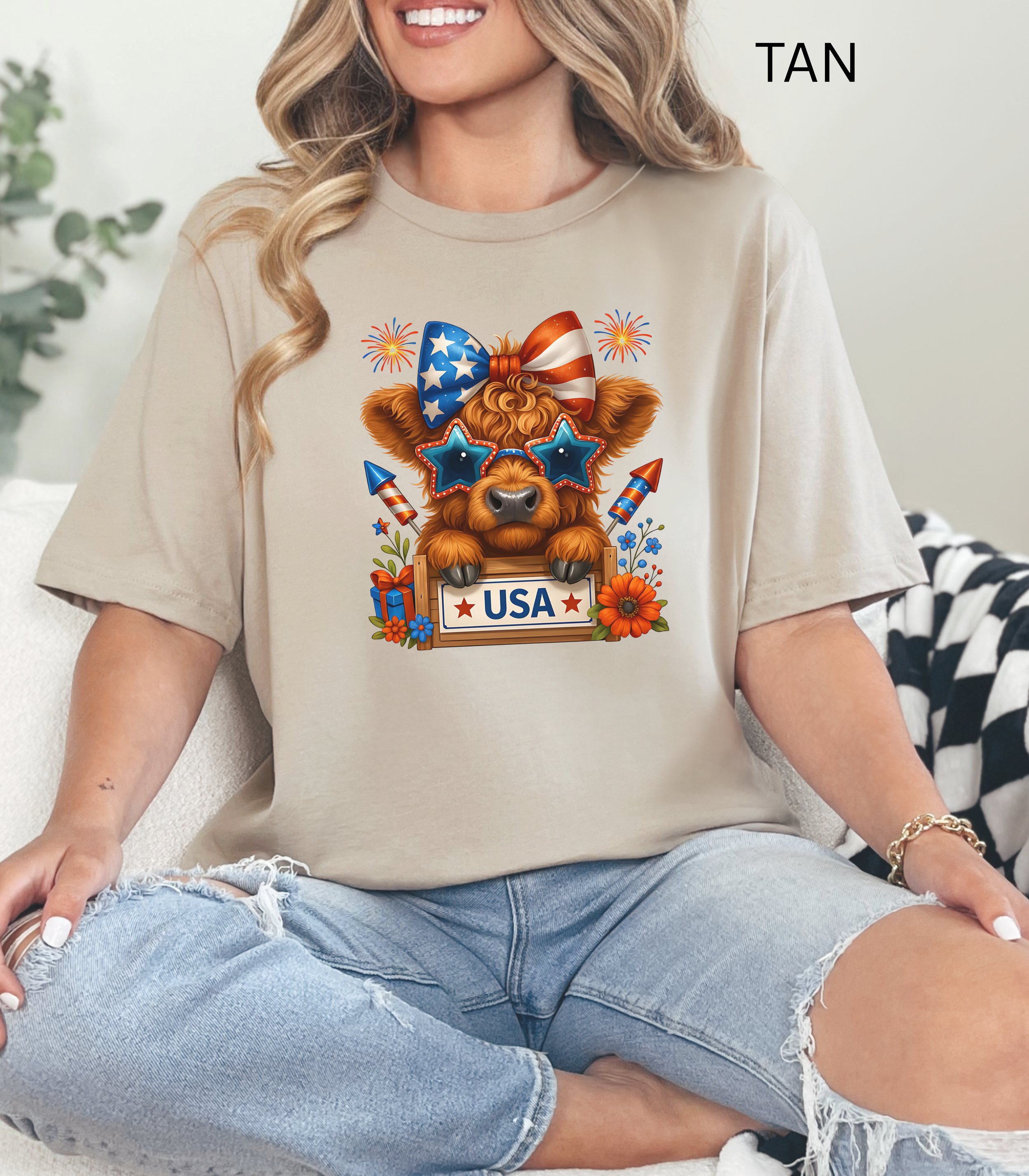 Cute Patriotic Cow T-Shirt – USA Red White Blue Fireworks Animal Graphic Tee