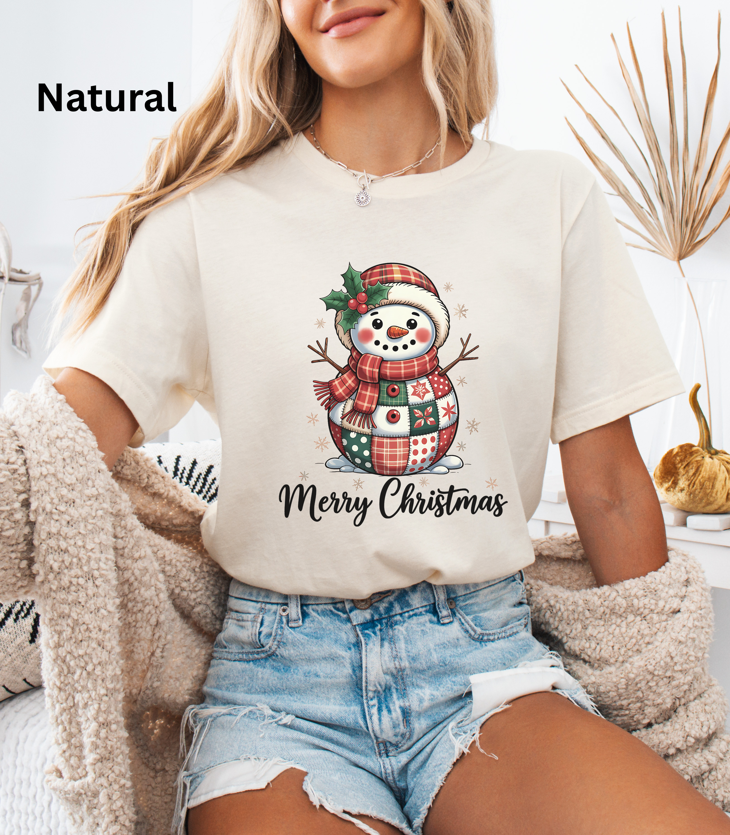 Patchwork Snowman Christmas Shirt, Cozy Winter Plaid Snowman Tee