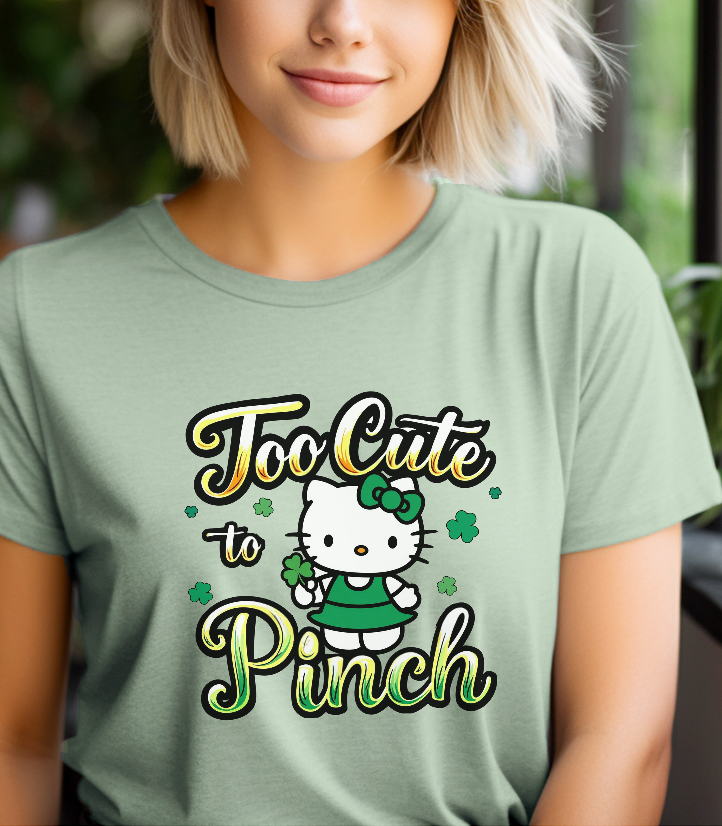 Too Cute to Pinch Shirt | St Patrick’s Day Cute Hello Kitty Tee | Kawaii Irish Shamrock Shirt | Funny March 17 Graphic T-Shirt