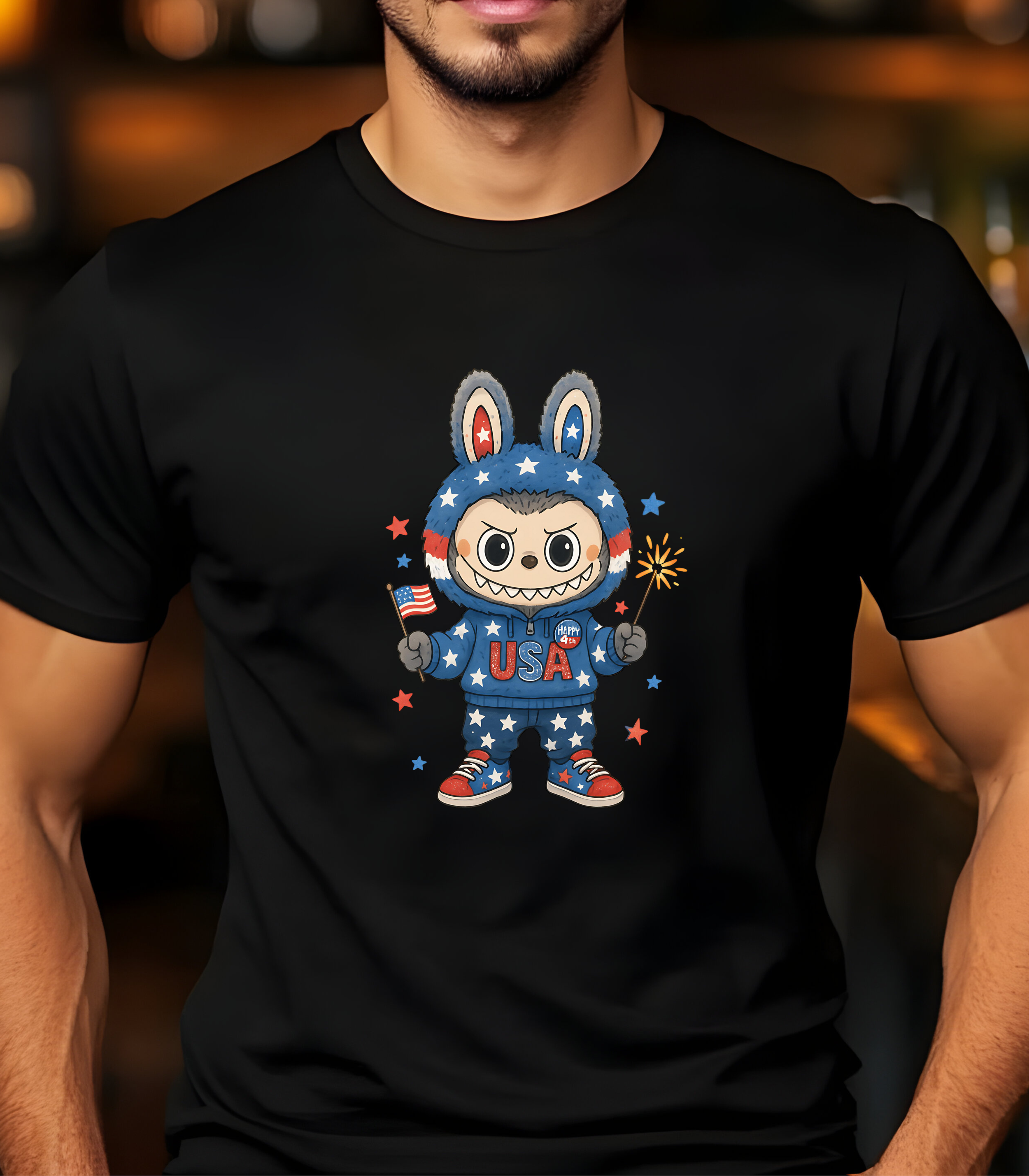 Cute Patriotic Monster Labu T-Shirt – USA Red White Blue Fireworks Graphic Tee