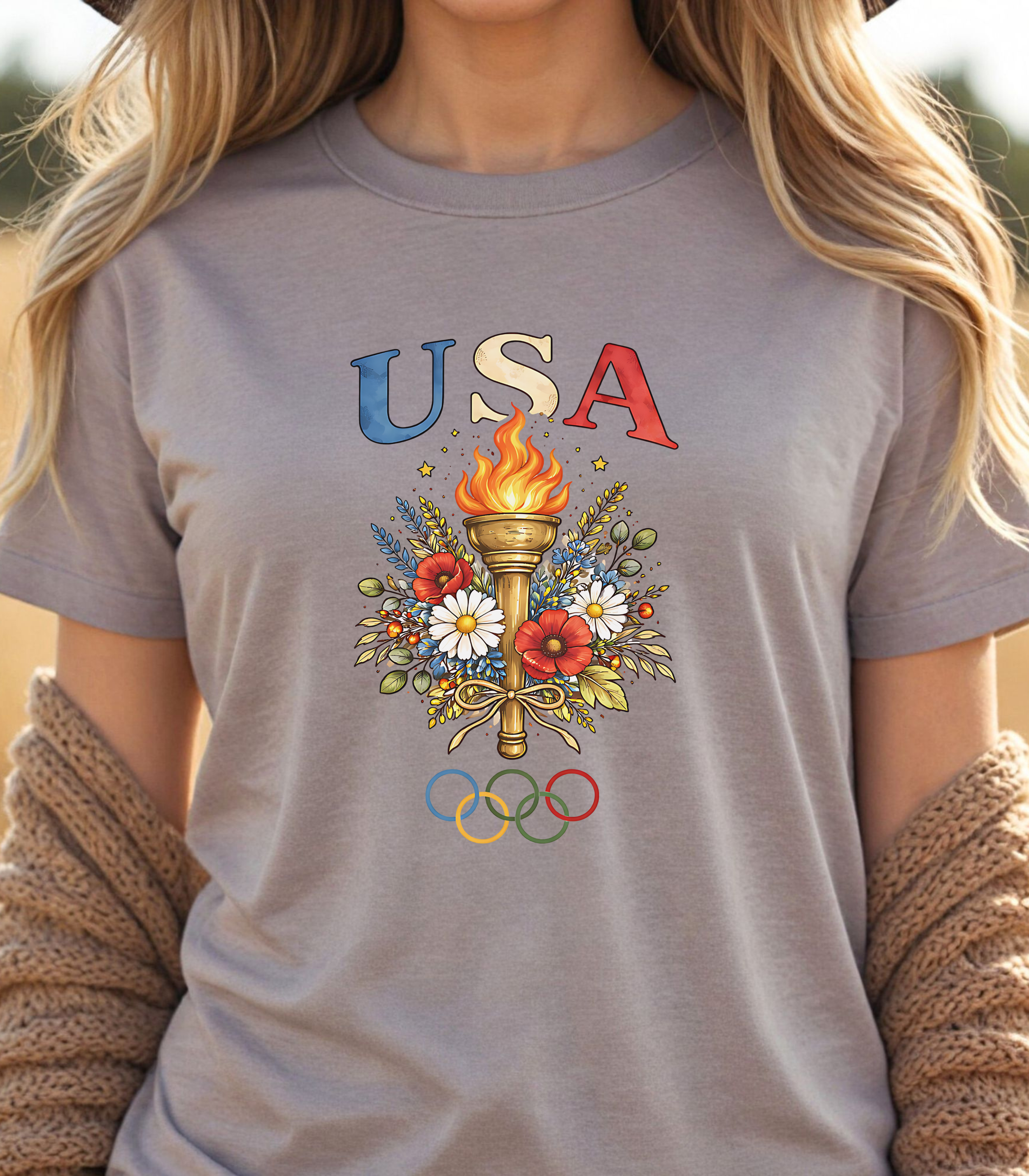 USA Torch Floral T-Shirt – Patriotic American Summer Games Inspired Tee