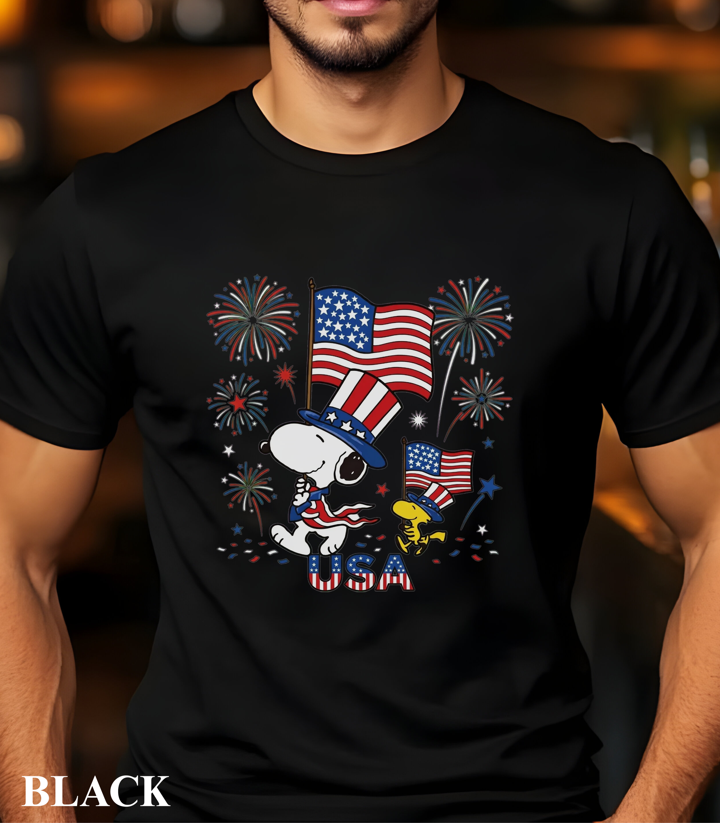 Patriotic USA Snoopy Graphic T-Shirt, 4th of July Shirt, American Flag Fireworks Tee, Cute Snoopy Independence Day Shirt, Theme ParkTee