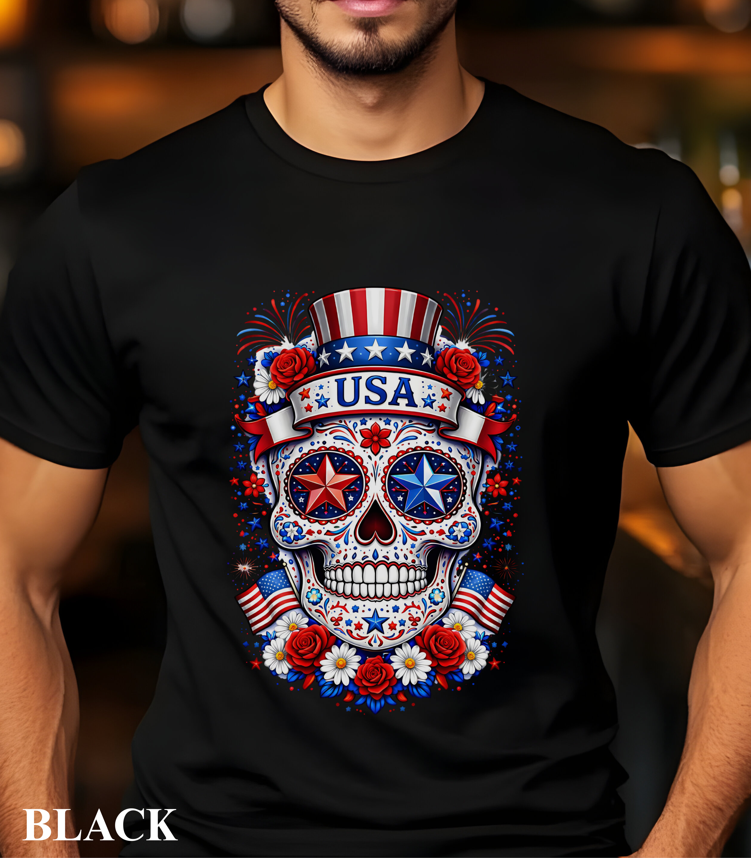 Patriotic Sugar Skull USA T-Shirt – Red White Blue Skull Graphic  Tee