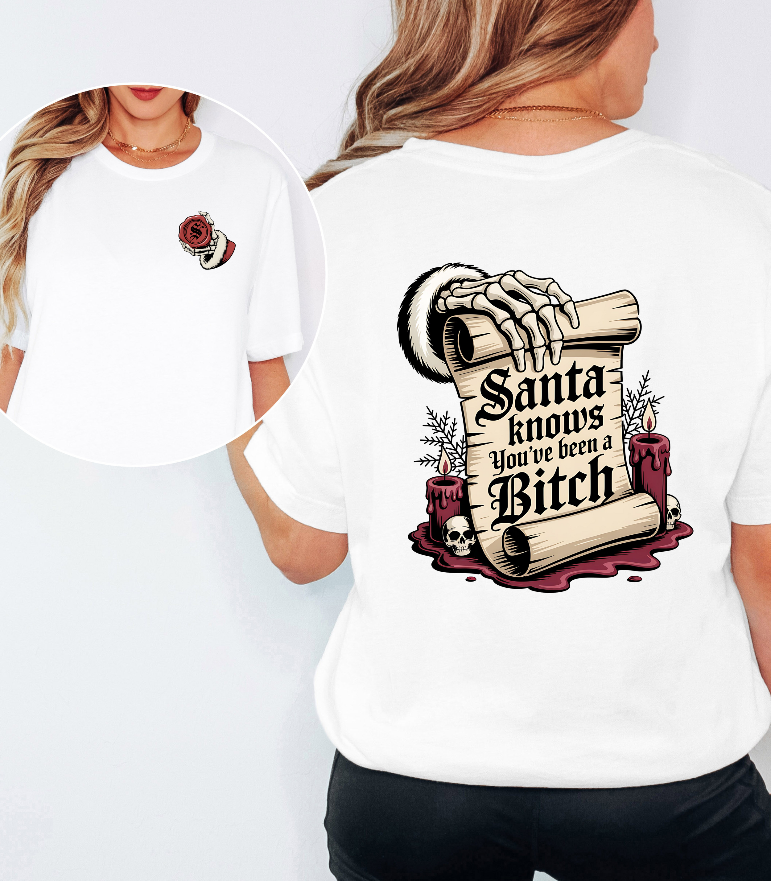 Santa Knows You’ve Been a Bitch Tee, Custom Initial Wax Seal Gothic Christmas Shirt