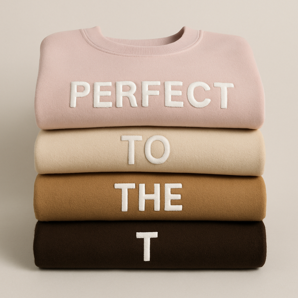 Four folded sweaters stacked on top of each other with the words 'PERFECT TO THE T' embroidered on each in white letters.