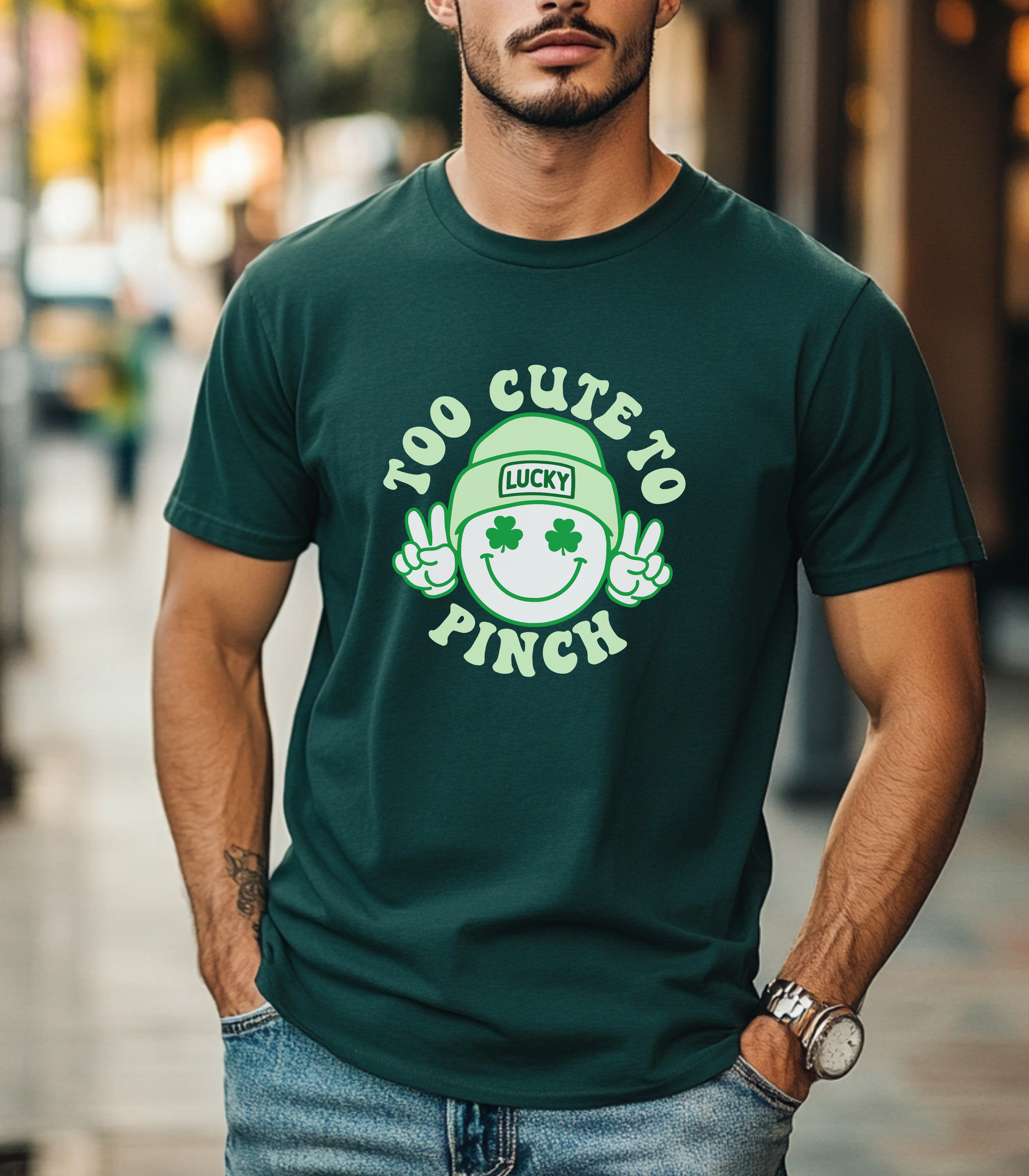 Too Cute to Pinch St. Patrick’s Day Shirt | Lucky Shamrock Smile Tee | Cute Irish Green Graphic T-Shirt
