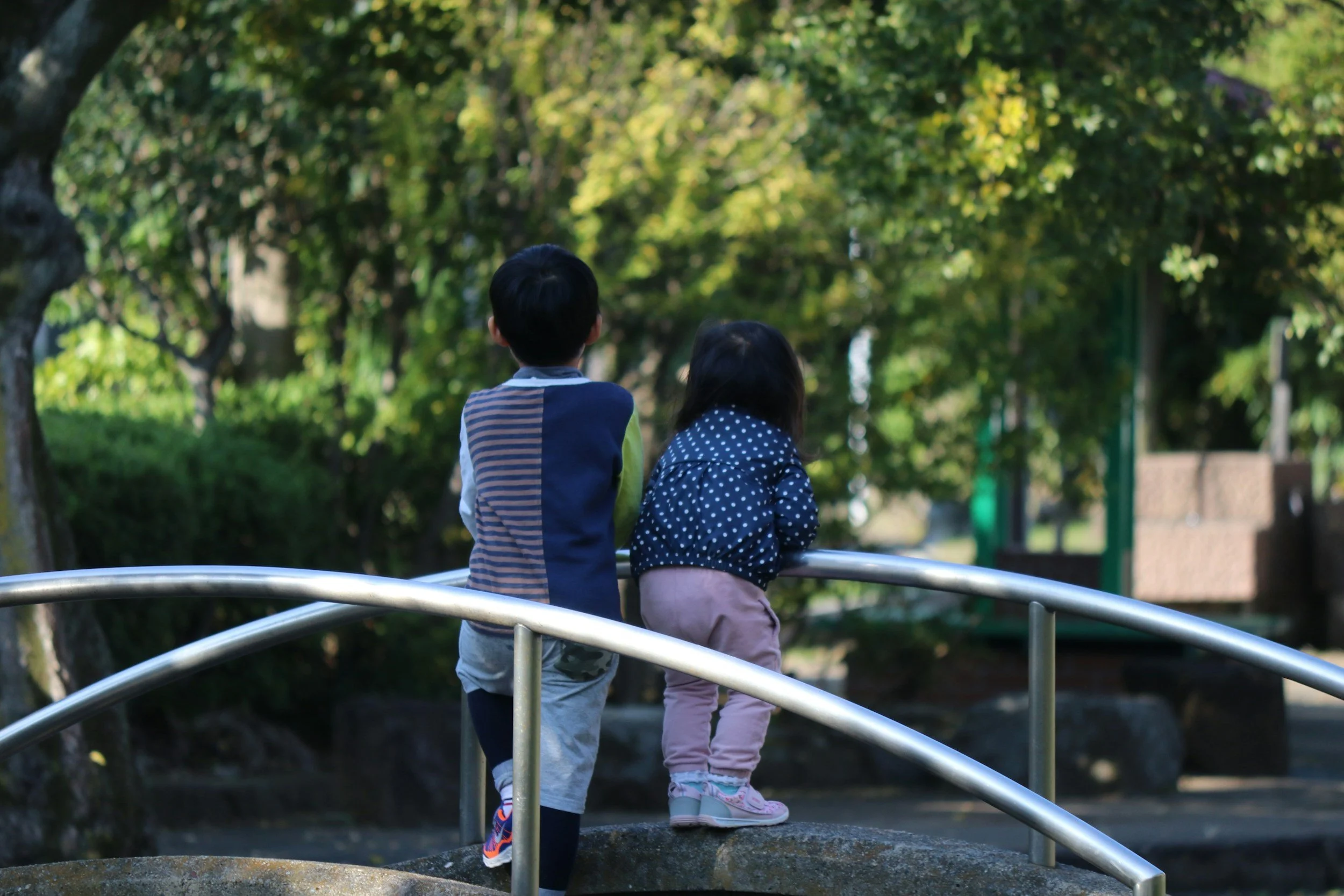 Two children, a boy and a girl, stand on a small bridge in a park surrounded by green trees, looking away from the camera.