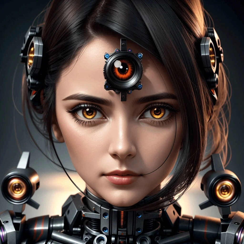 A cybernetic woman with mechanical components on her head and body, and orange robotic eyes.