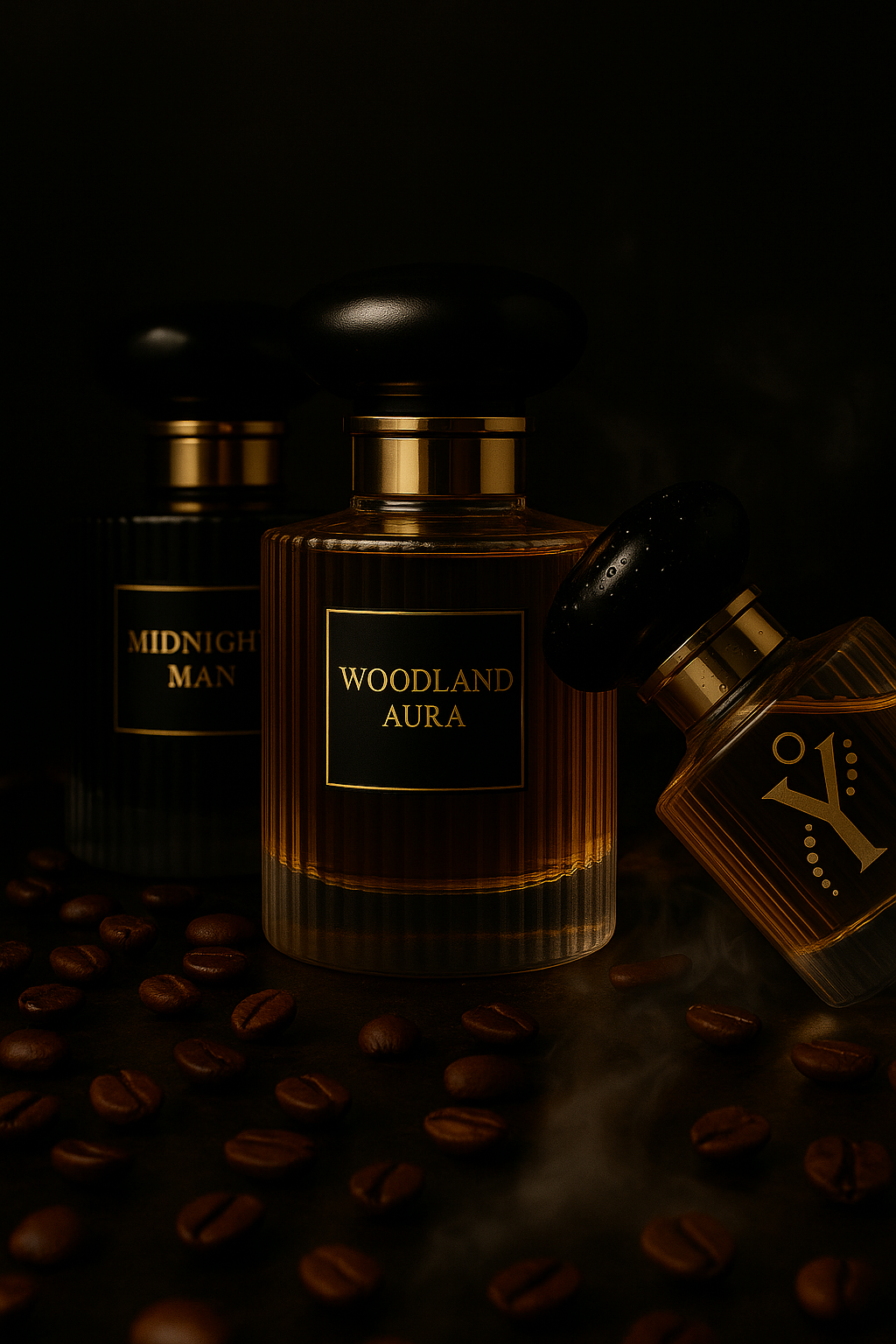 Three perfume bottles labeled 'Woodland Aura', 'Midnight Man', and one partially visible with a black cap, on a dark surface surrounded by scattered coffee beans, with a dark background.