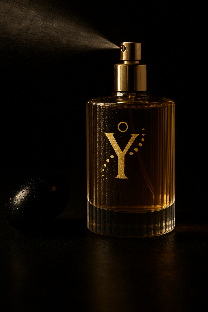 A perfume bottle labeled 'Y' with a spray nozzle releasing mist, placed on a dark surface next to a black stone.