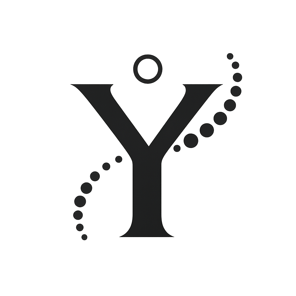 A black letter 'Y' on a gray background with decorative black dots swirling around it.