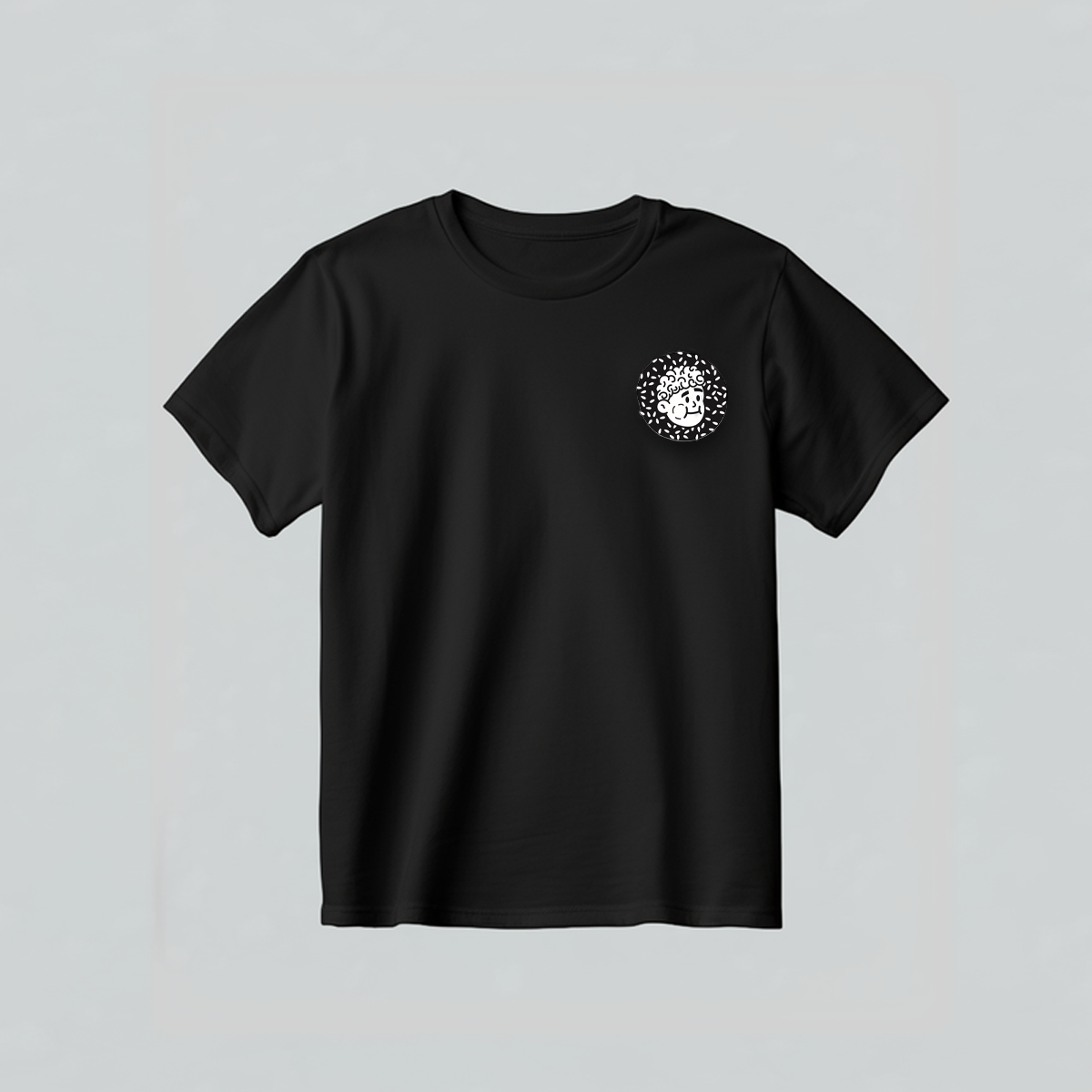 Black t-shirt with a small circular black and white logo on the left chest featuring a dog and the words 'Bagel & Son'.