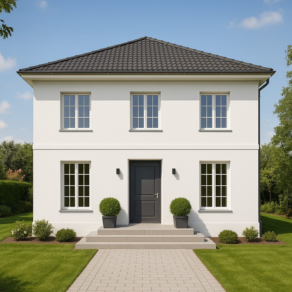 Ein modernes, zweistöckiges Haus mit weißer Fassade, schwarzen Fenstern und einem schwarzen Eingangstor, umgeben von einem gepflegten Garten mit Büschen und Pflanzen.