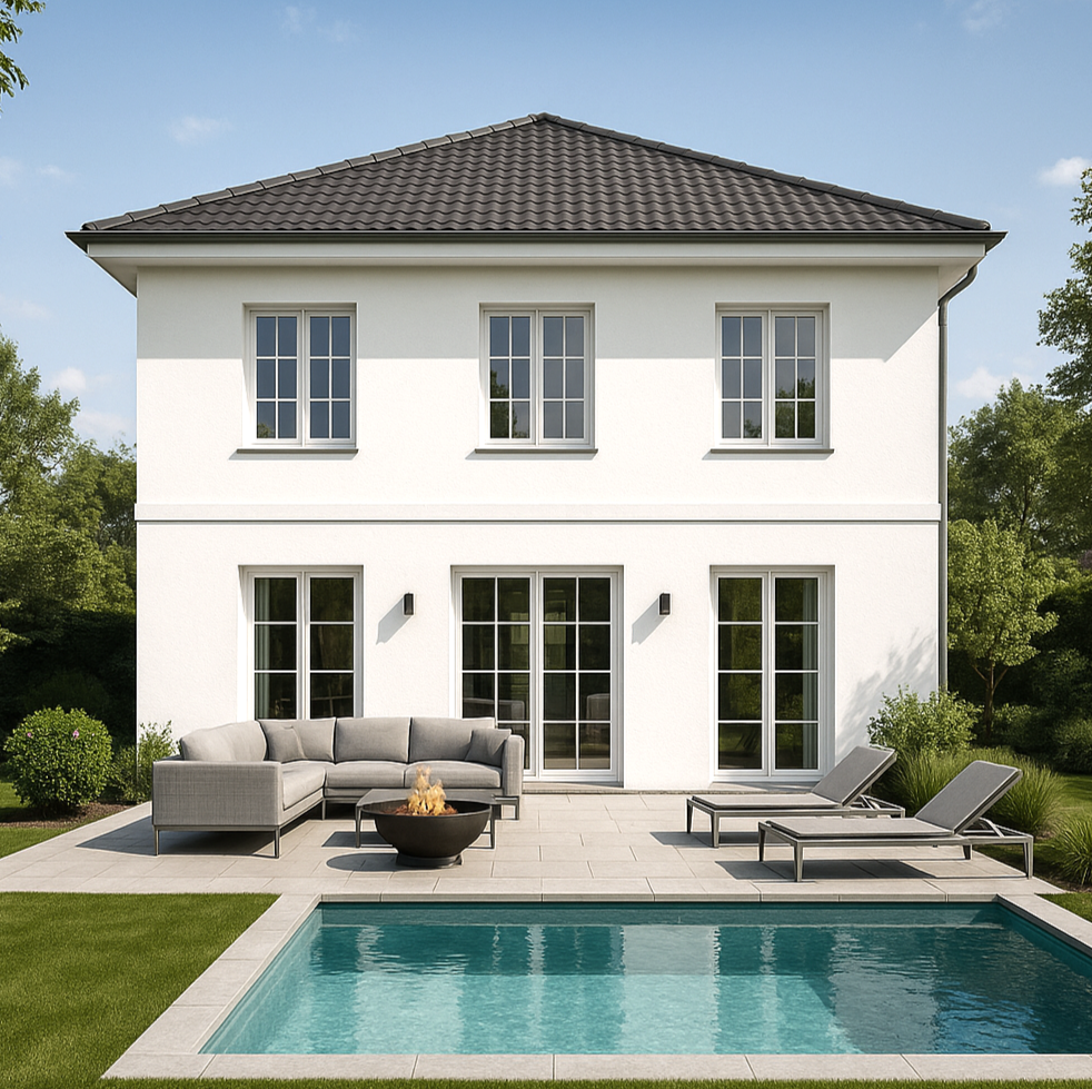Ein modernes, zweistöckiges, weißes Haus mit dunkelgrauem Walmdach, große Fenster und eine Terrasse mit Gartenmöbeln und Sonnenliegen, rund um ein Schwimmbecken.