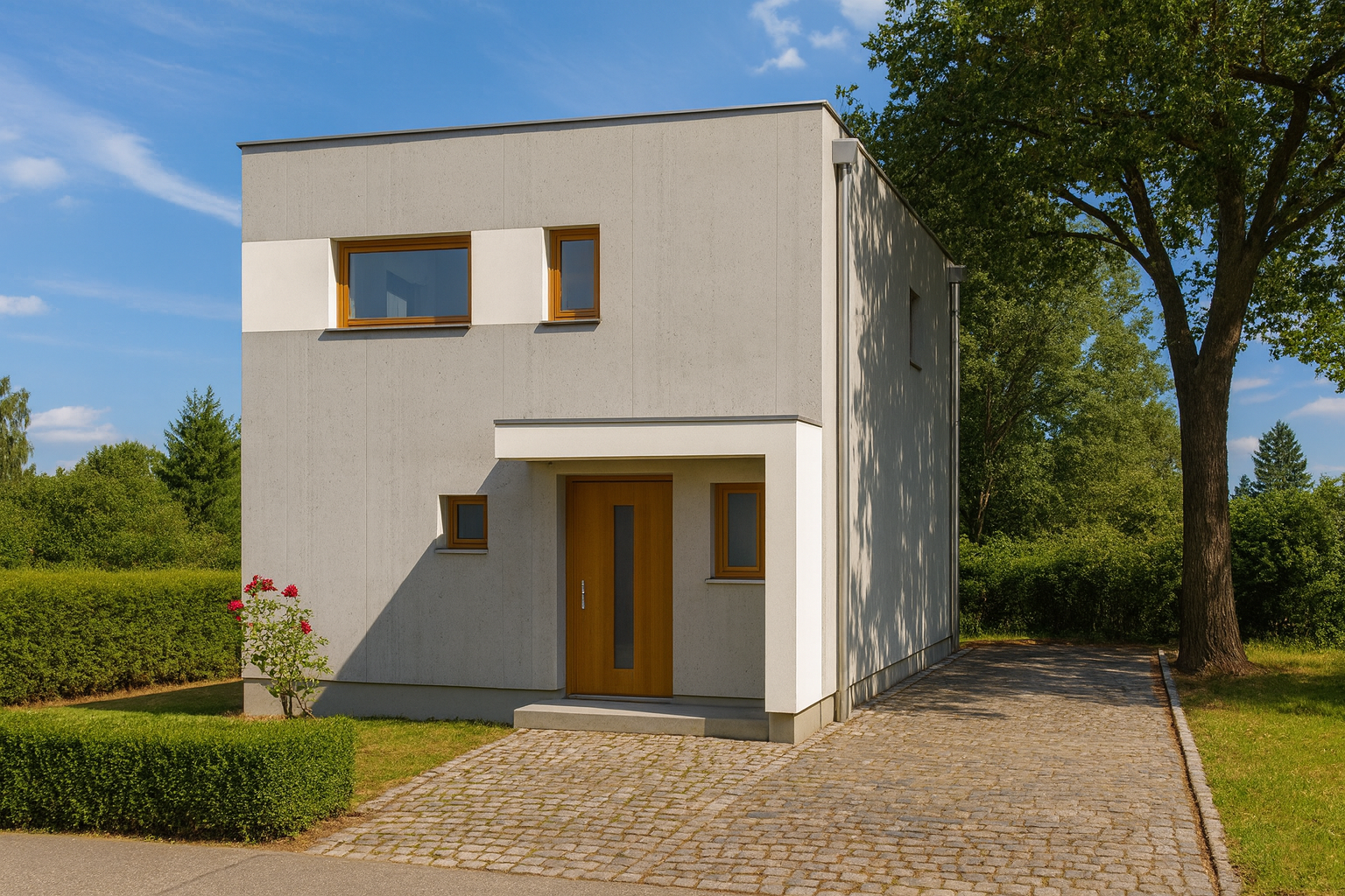 Modernes, zweistöckiges Haus mit weißen und grauen Wänden, großen Fenstern mit Holzrahmen, einem Holztür und einem gepflasterten Gehweg vor dem Eingang, umgeben von Bäumen und einem gepflegten Garten bei sonnigem Wetter.