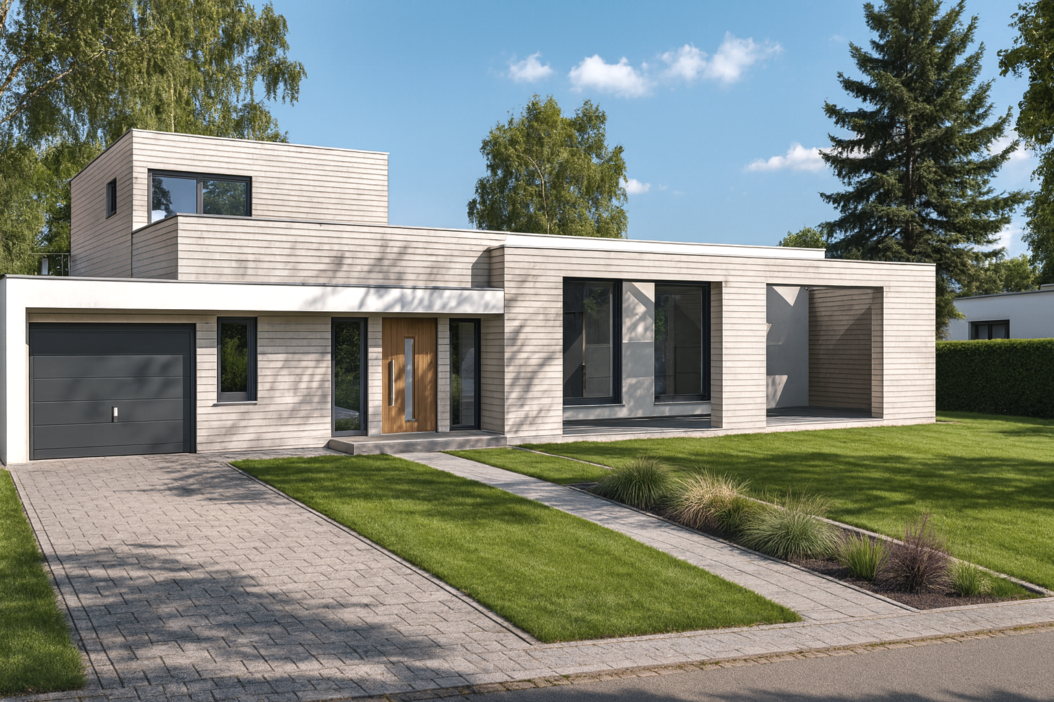Modernes zweistöckiges Haus mit grauem Putz, Holzdetails und großem Garagentor, umgeben von einem gepflegten Garten mit Grasflächen und Ziersträuchern, unter blauem Himmel.