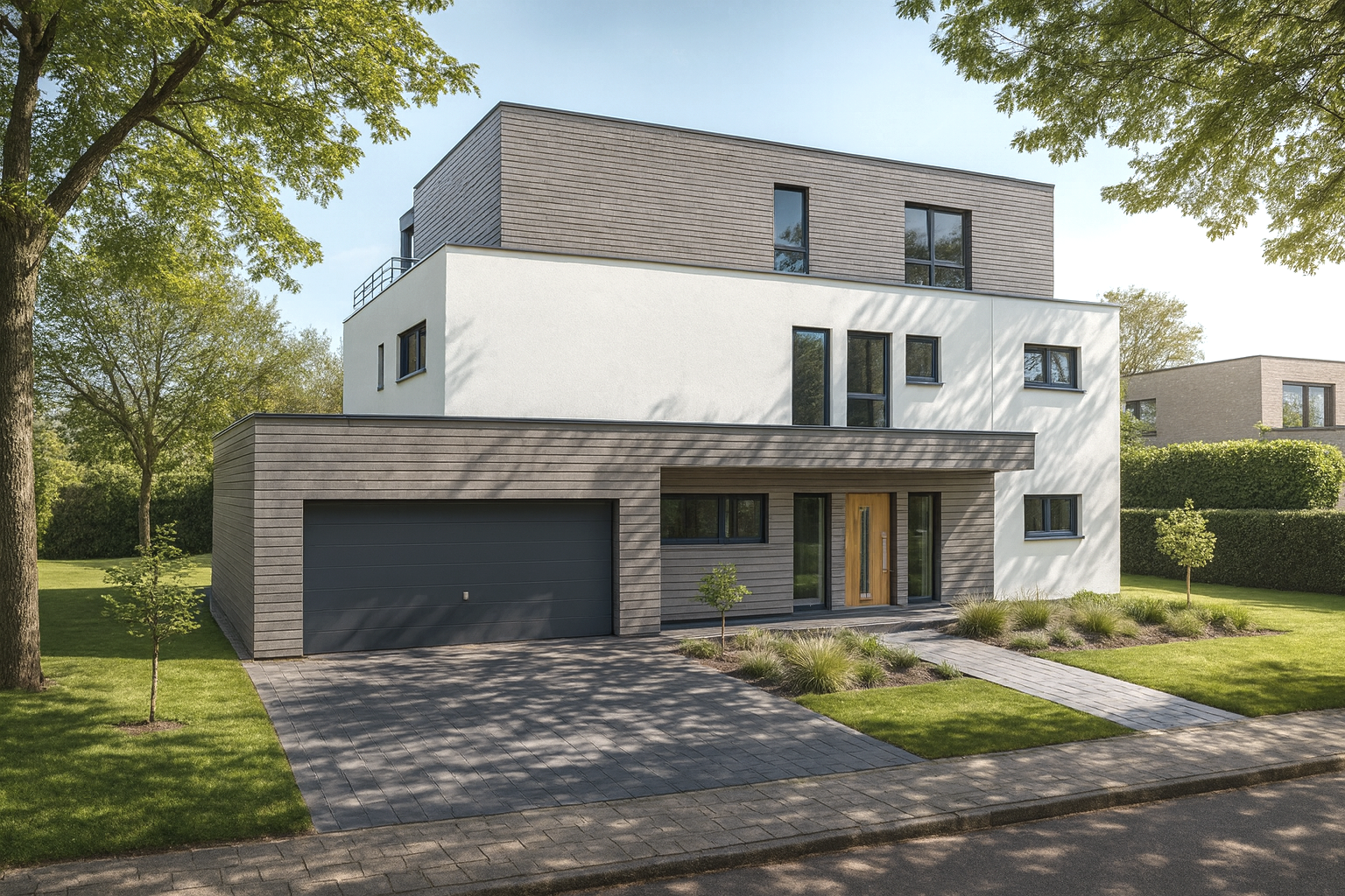 Moderner, mehrstöckiger Haus mit weißer und grauer Fassade, Holzdetails, großem Garagentor und gepflegtem Garten, umgeben von Bäumen.