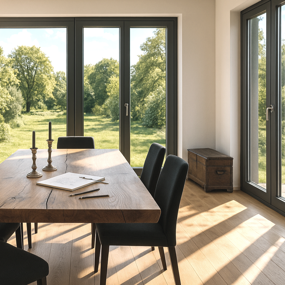 Ein moderner Esszimmerraum mit großen Fenstern, Holztisch und schwarzen Stühlen, Blick ins Grüne nach draußen.