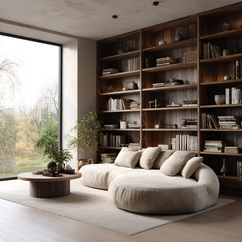 Eine Person steht vor einer großen Bücherregalwand und sieht sich die Bücher an, im Vordergrund sind zwei weiße Sofas und ein Stehlampe zu sehen.