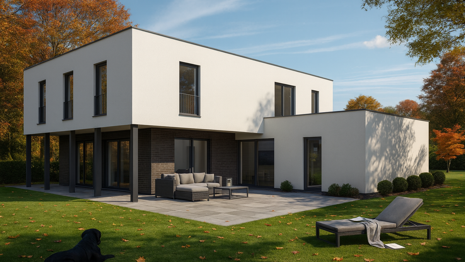 Moderne zweistöckige weiße Villa mit Terrasse, Garten und herbstlichen Bäumen im Hintergrund.