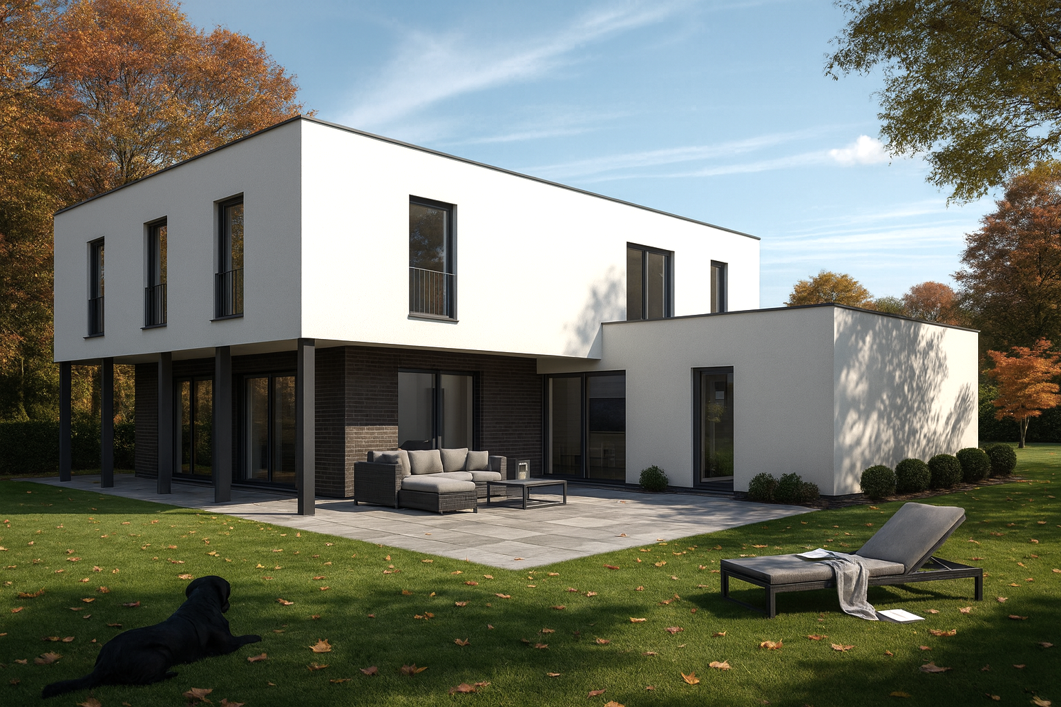 Modernes zweistöckiges Haus mit weißer Fassade, Terrasse mit Sitzmöbeln, Liege im Garten, Bäume mit Herbstlaub im Hintergrund, Hund liegt auf dem Rasen, klarer Himmel.