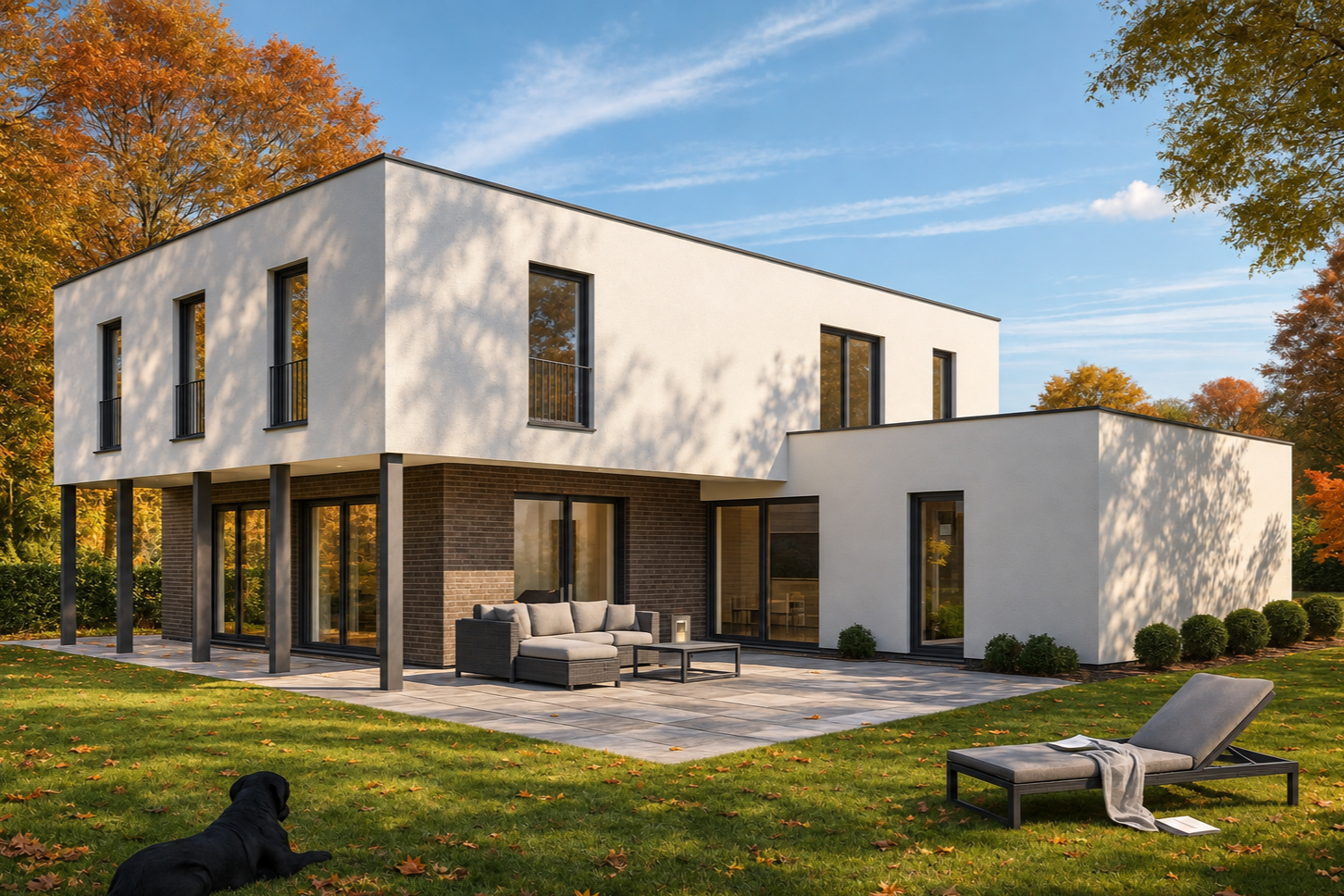 Modernes zweistöckiges Haus mit weißer Fassade, Terrasse mit Sitzmöbeln, Liege im Garten, Bäume mit Herbstlaub im Hintergrund, Hund liegt auf dem Rasen, klarer Himmel.