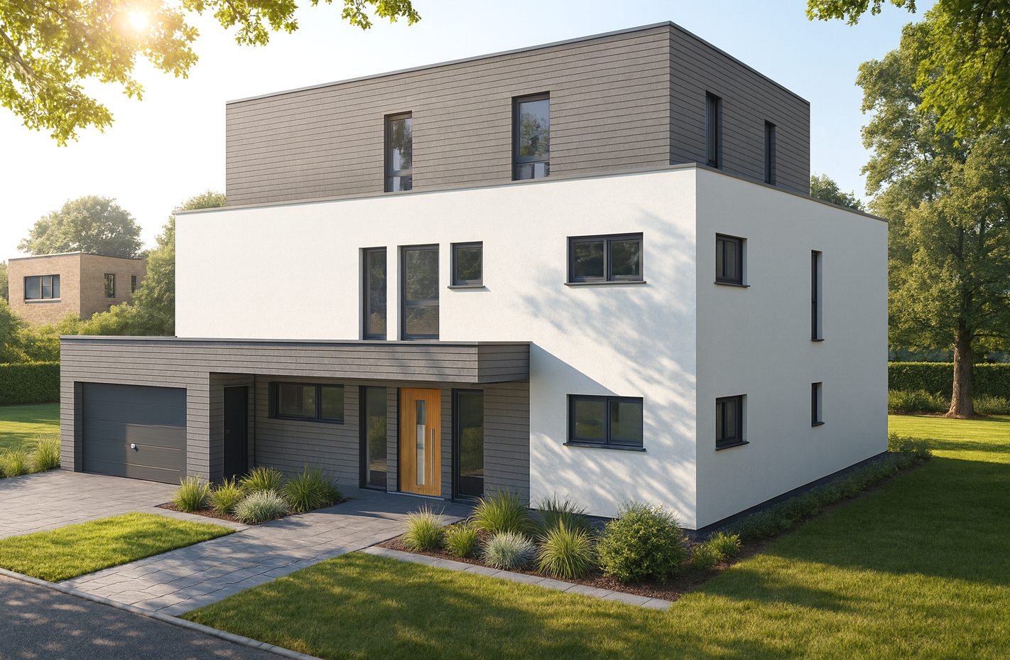 Moderner, mehrstöckiger Haus mit weißer und grauer Fassade, Holzdetails, großem Garagentor und gepflegtem Garten, umgeben von Bäumen.