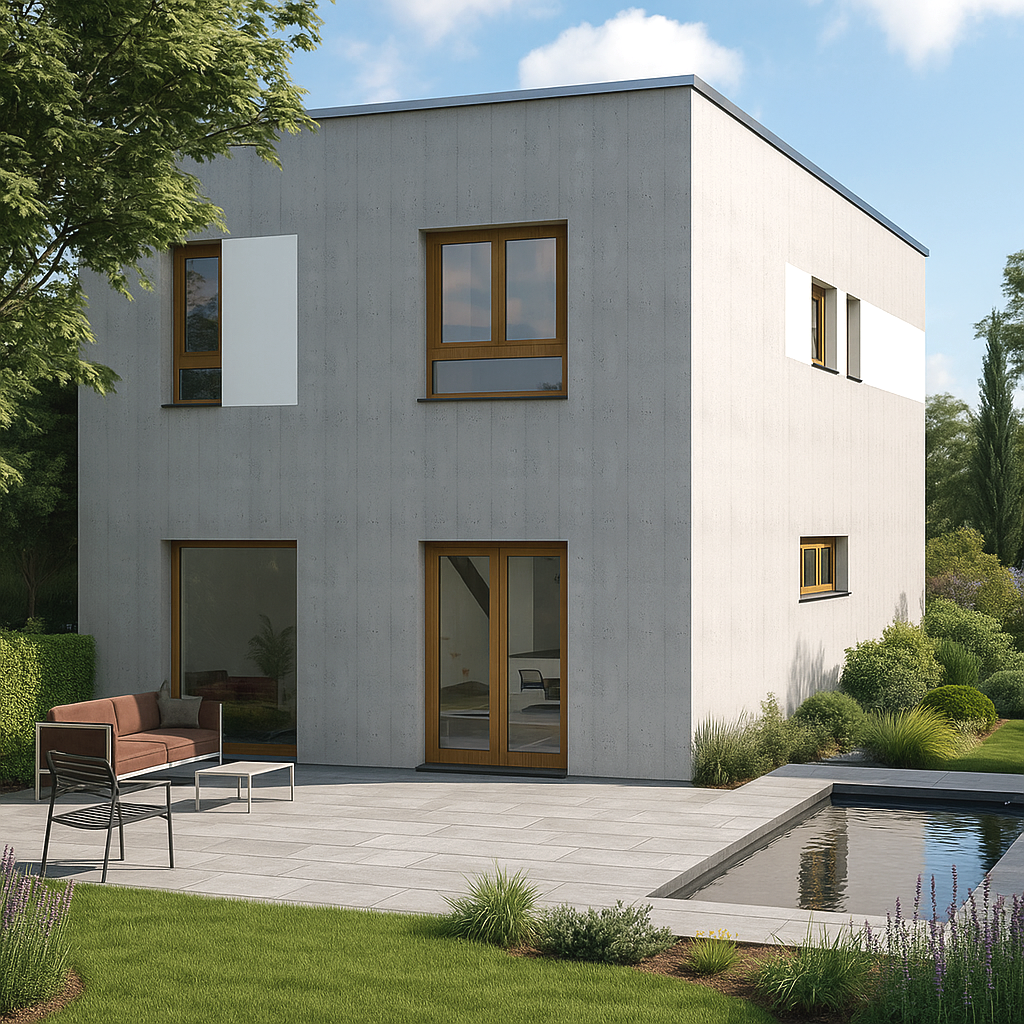 Moderne weiße zweistöckige Villa mit großen Fenstern und einem Garten mit Pool, Gartenmöbeln und Bäumen