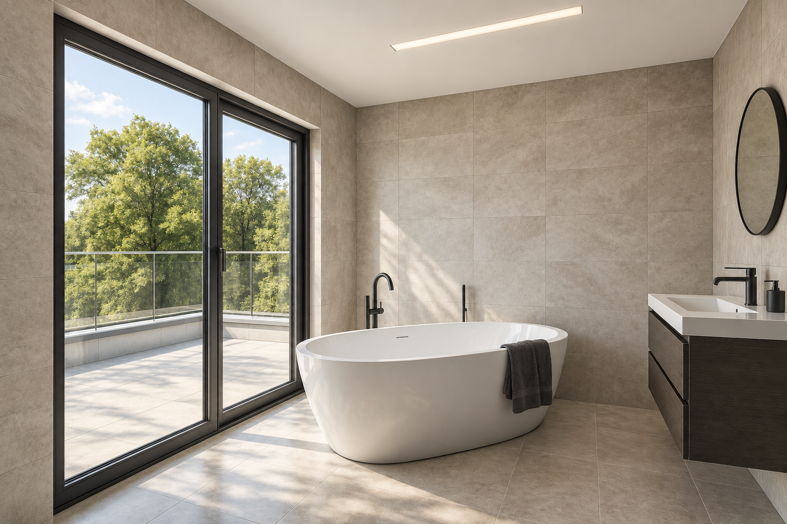 Moderner Badezimmer mit freistehender Badewanne, großem Fenster mit Blick auf grüne Bäume, Waschbecken und Spiegel