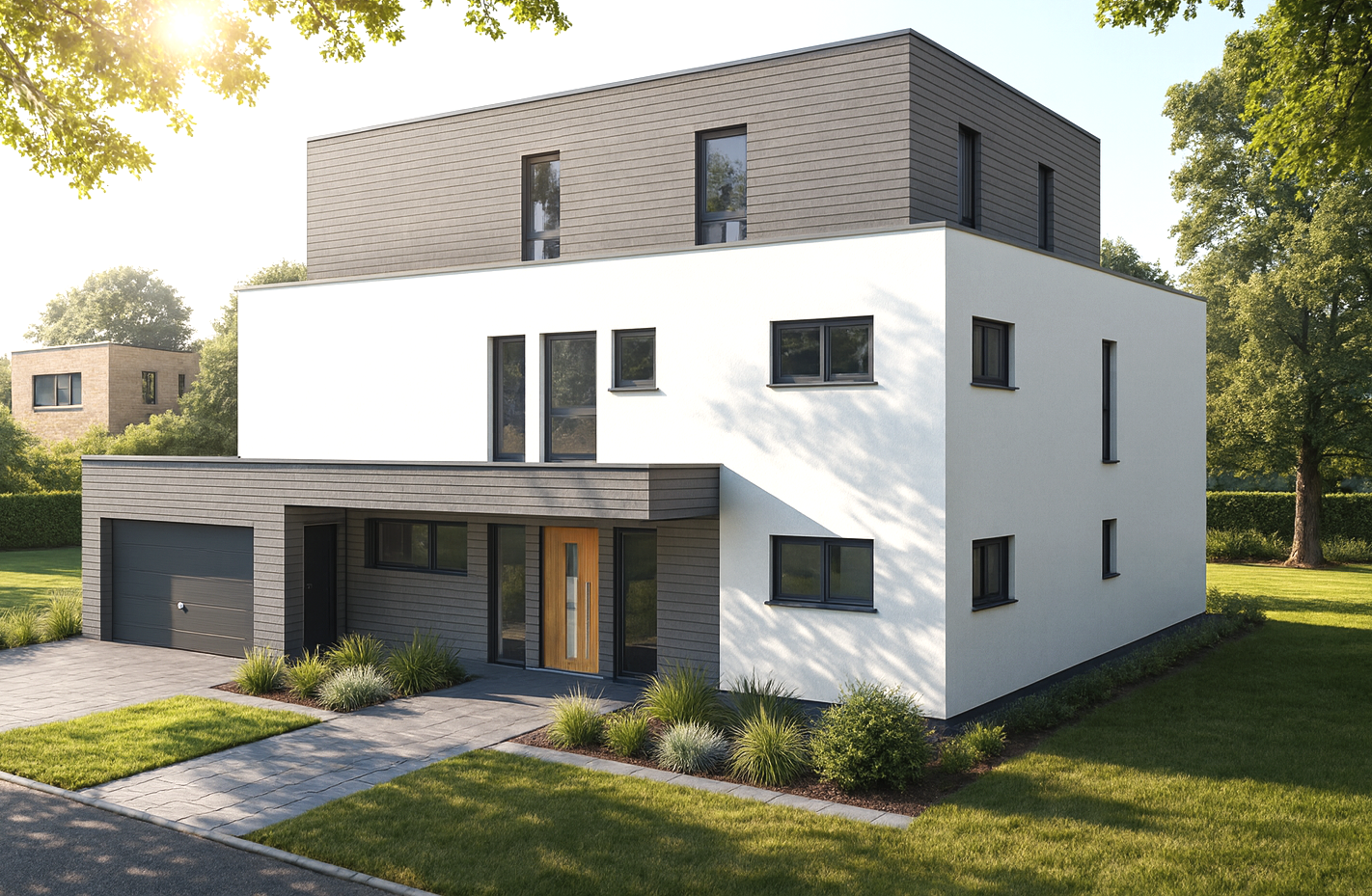 Modernes Mehrfamilienhaus mit weißer und brauner Fassade, Garten und Einfahrt bei Tageslicht.