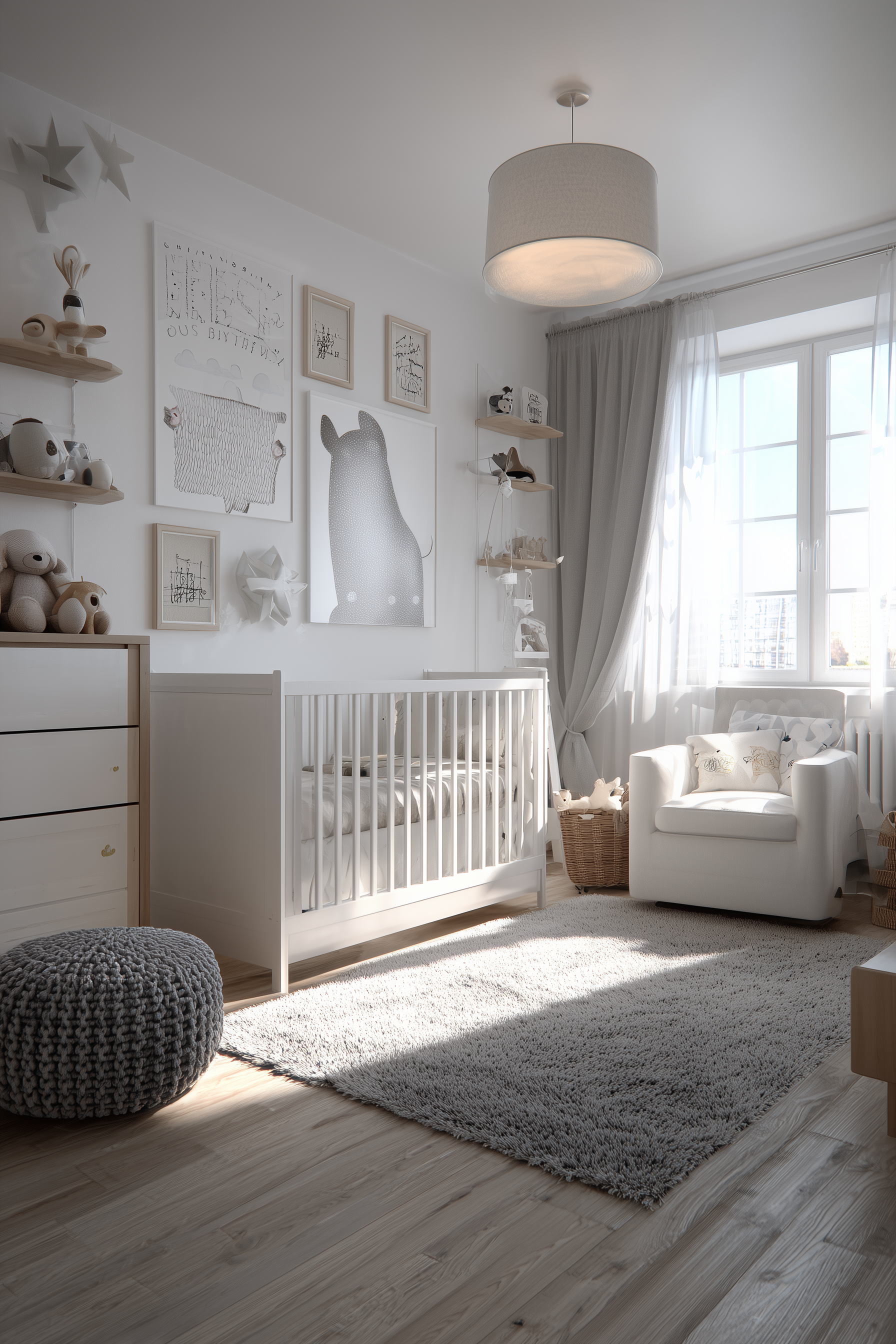 Ein Schlafzimmer mit weißem Bett, einem Wickeltisch, einem Fenster mit beige Vorhängen, einer Pflanze, Wandkunst und einem Spielgitter, auf einem Teppich mit schwarzen Mustern auf Holzboden.