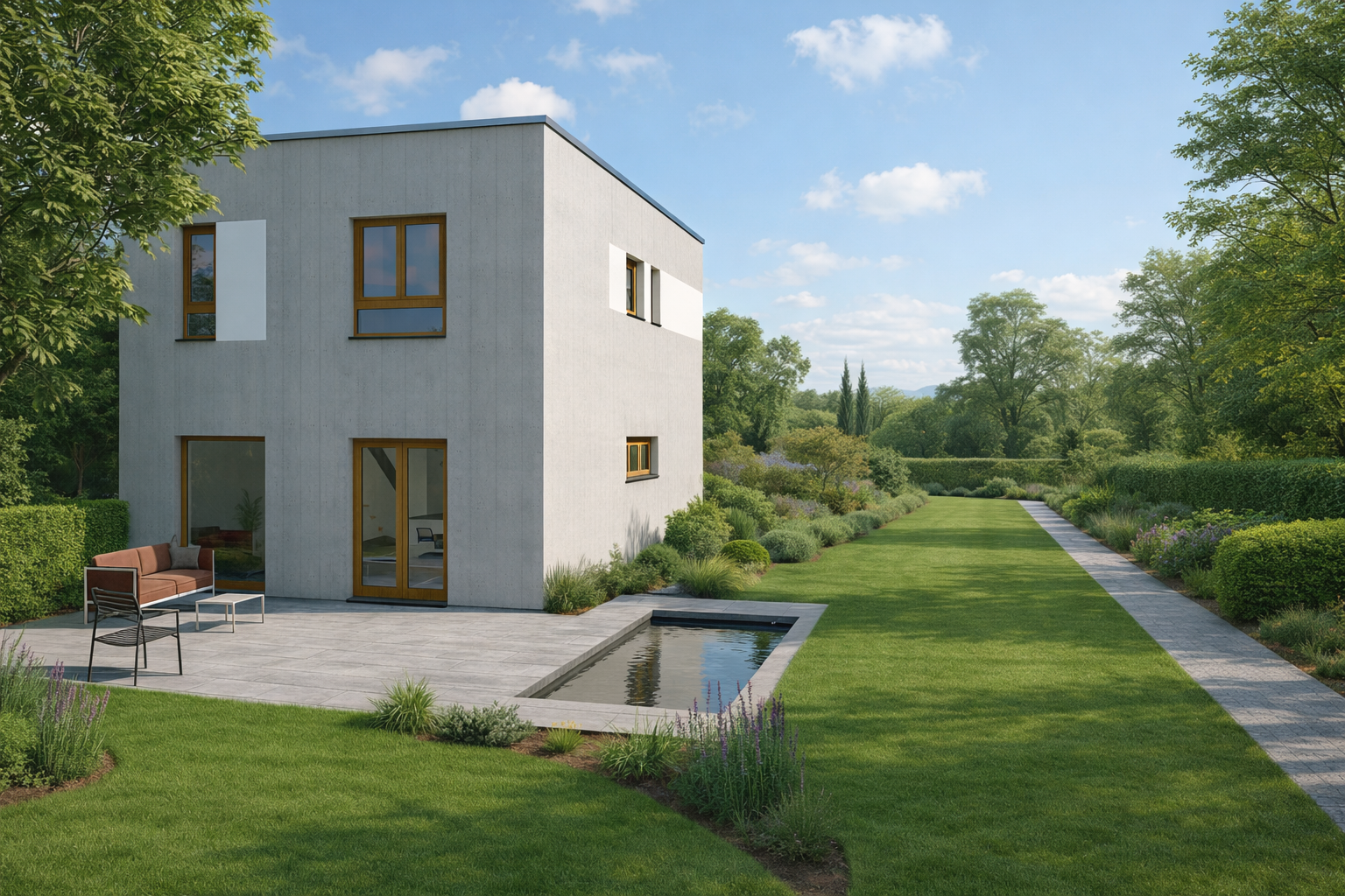 Moderne weiße zweistöckige Villa mit großen Fenstern und einem Garten mit Pool, Gartenmöbeln und Bäumen