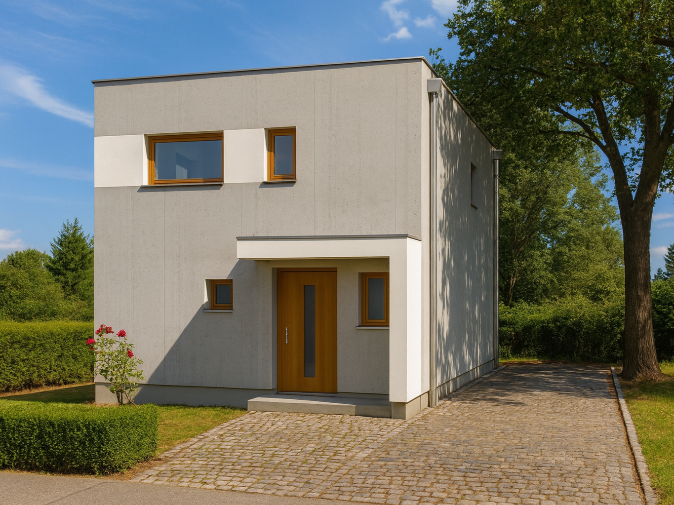 Modernes, zweistöckiges Haus mit weißer Fassadenelementen und Holzrahmen um die Fenster, mit einem kleinen Garten und einer gepflasterten Einfahrt, umgeben von Bäumen und unter blauem Himmel.