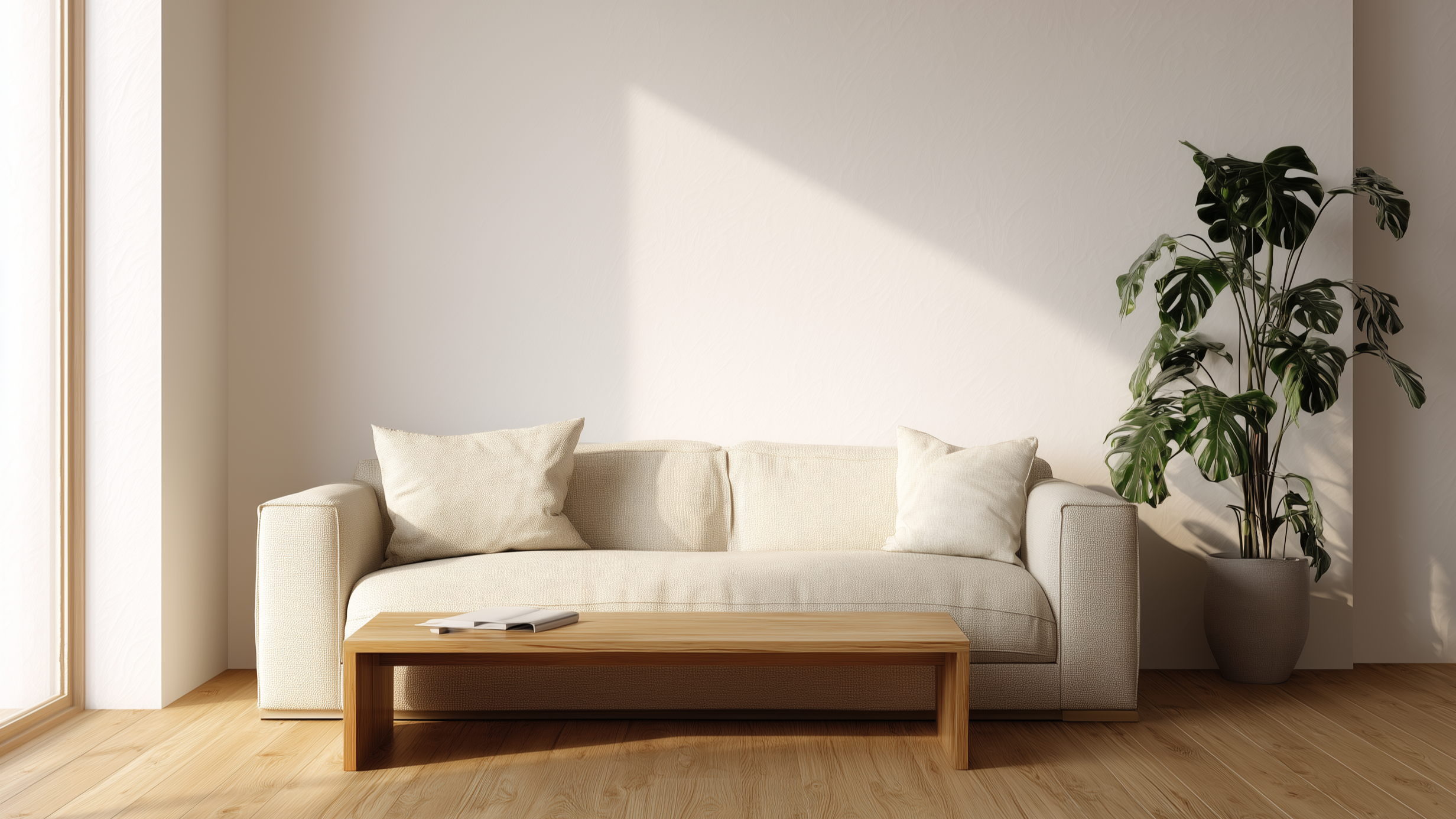 Heller Modernwohnraum mit grauem Sofa, Pflanzen, Kaffeetisch und Kunstwerken an der Wand.