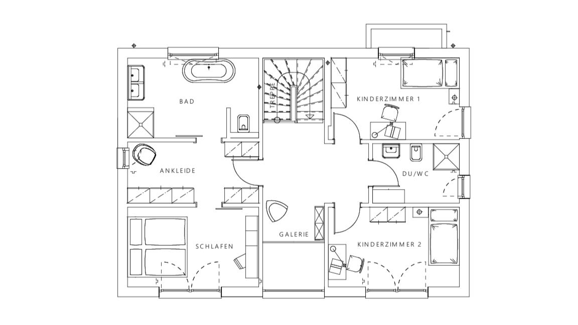 Moderner Badezimmer mit freistehender Badewanne, großem Fenster mit Blick auf grüne Bäume, Waschbecken und Spiegel