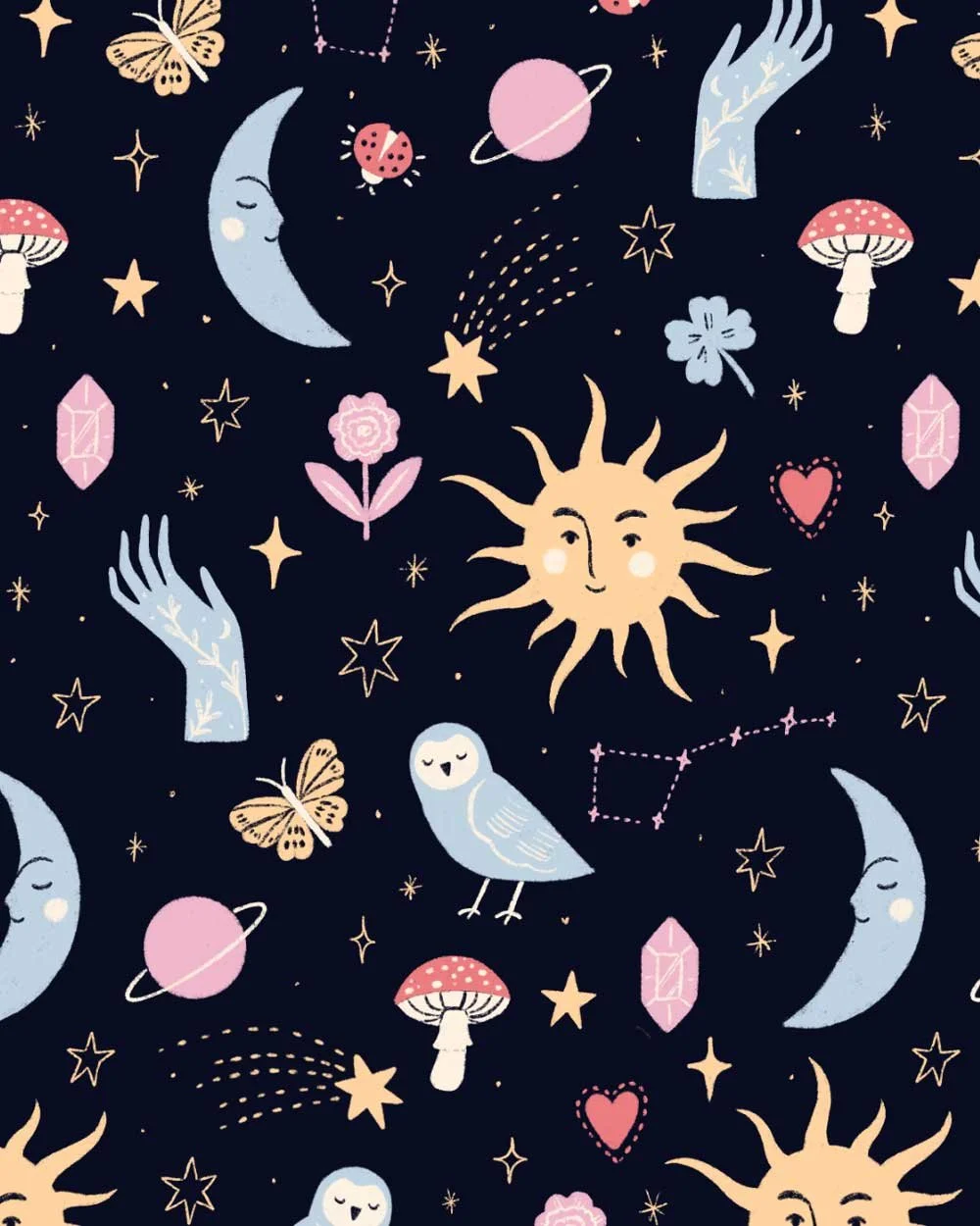 Illustrated repeating pattern of magical tarot inspired items, a sun, a moon, an owl, mushrooms, crystals, shooting stars, and four leaf clovers. In a bright blue, pink, an yellow color palette set on a dark background.