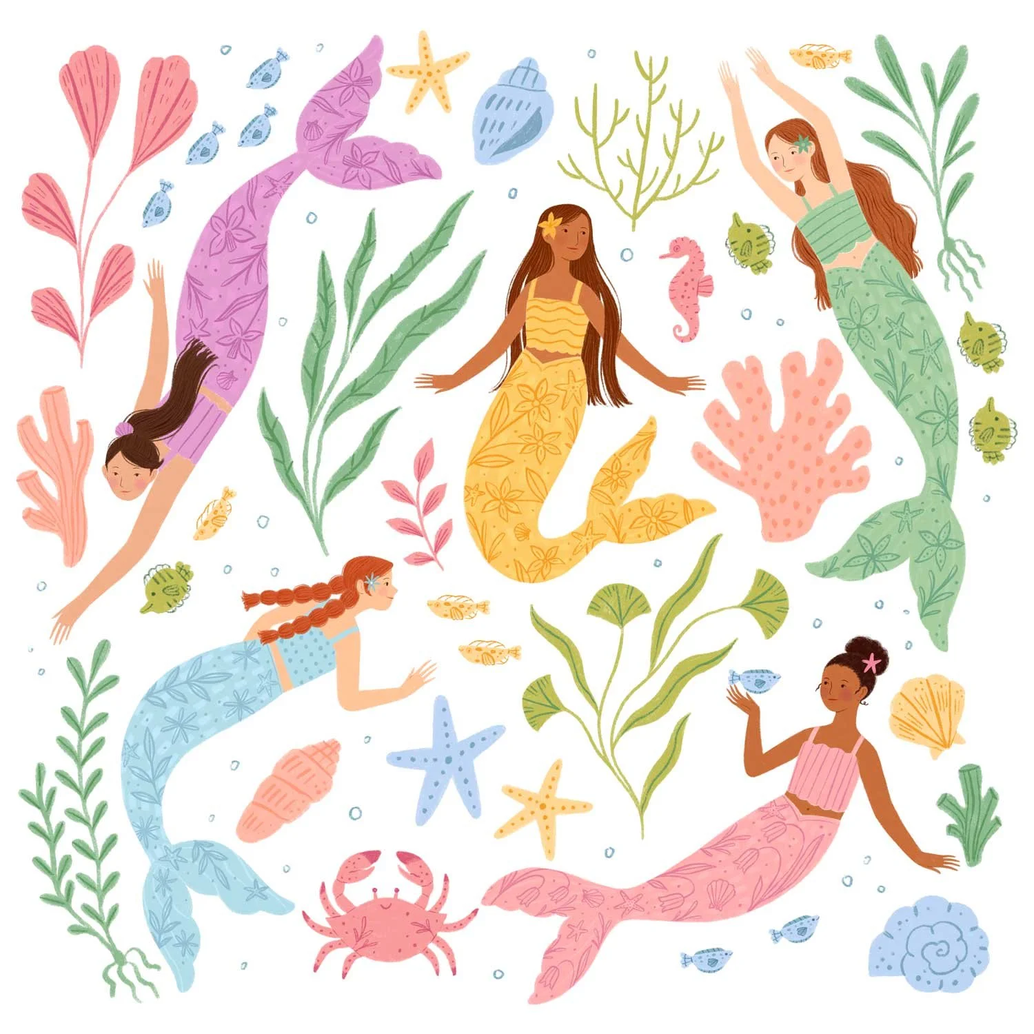 Illustration of four different mermaids with different colored tails, filled with folk flower designs. Each one swimming among various ocean wildlife and foliage like seaweed, crabs, seastars, shells, and coral. 