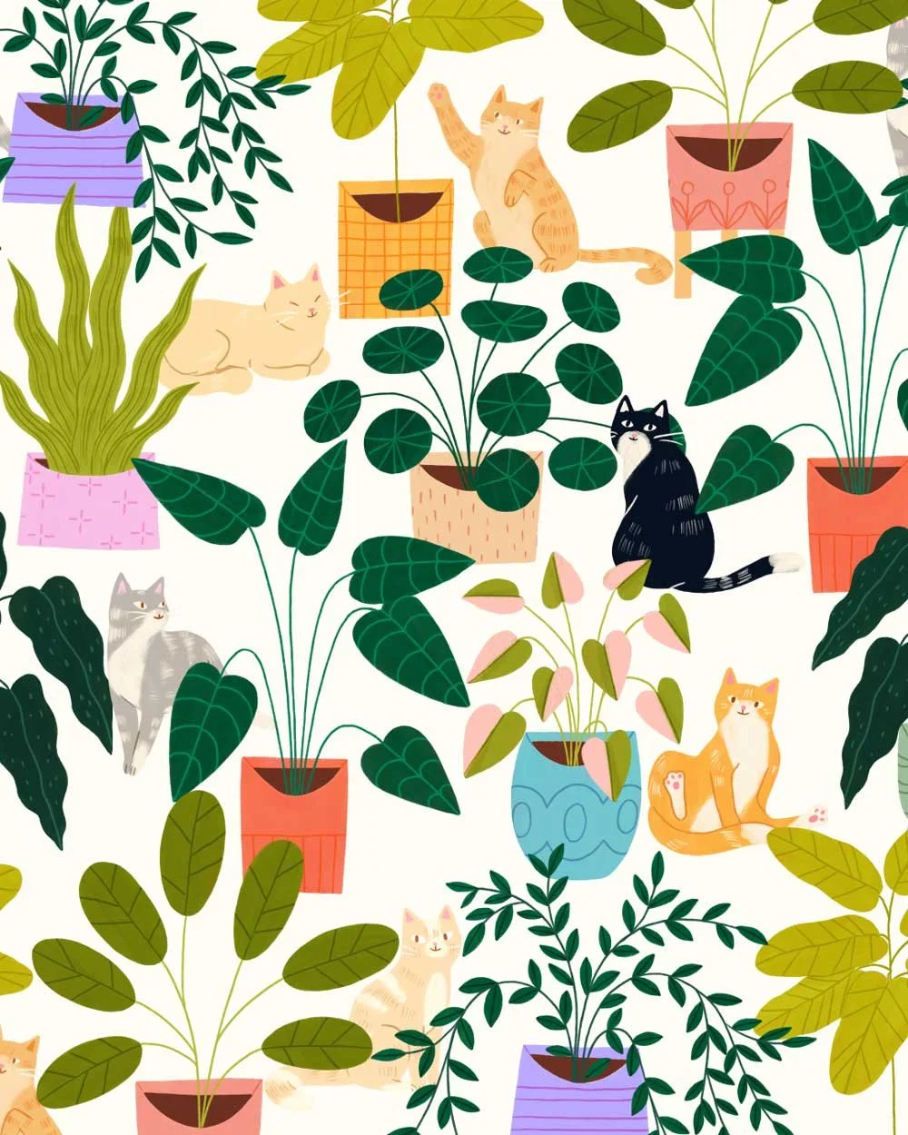 Illustrated pattern of mischievous cats surrounded by various houseplants in colorful pots. Colored with bright greens, oranges, blues and purples set on a light cream background.