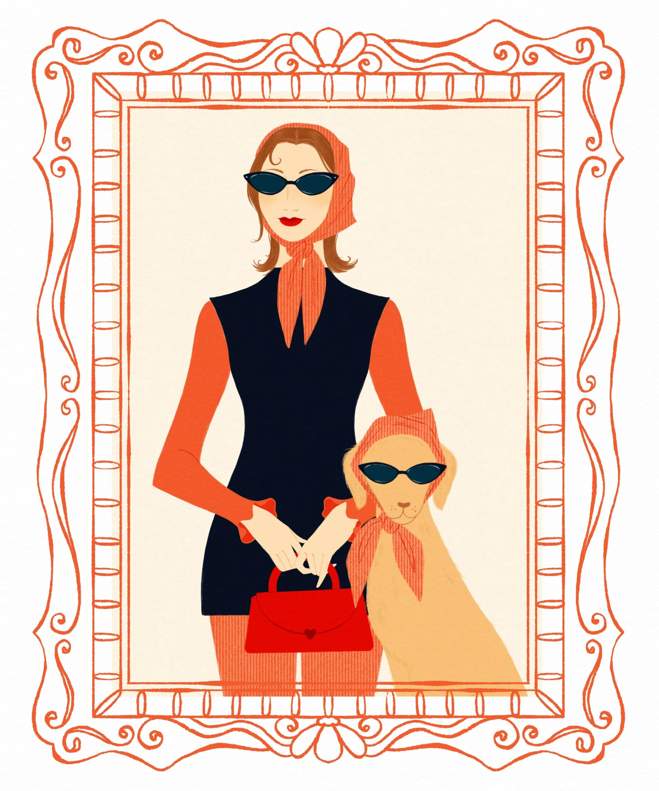Illustration of a french woman wearing a retro headscarf, dark sunglasses, and a sleeveless dress, holding a red handbag beside a stylish dog also wearing a matching scarf and sunglasses, all framed in an ornate decorative border of a vintage gallery