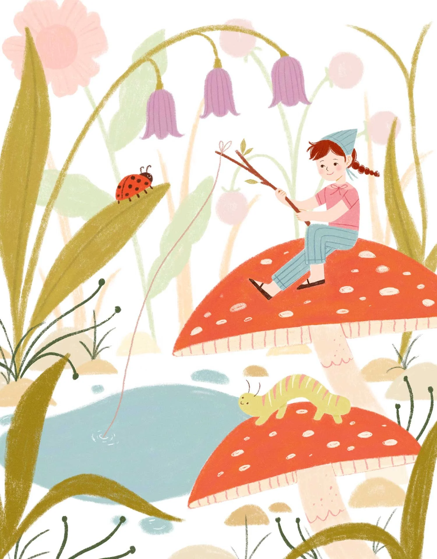 Kids Illustration of a little girl sitting on a giant mushroom while fishing in a puddle. Surrounded by forest flowers, red mushrooms, a friendly caterpillar and ladybug waiting to see what she catches. 