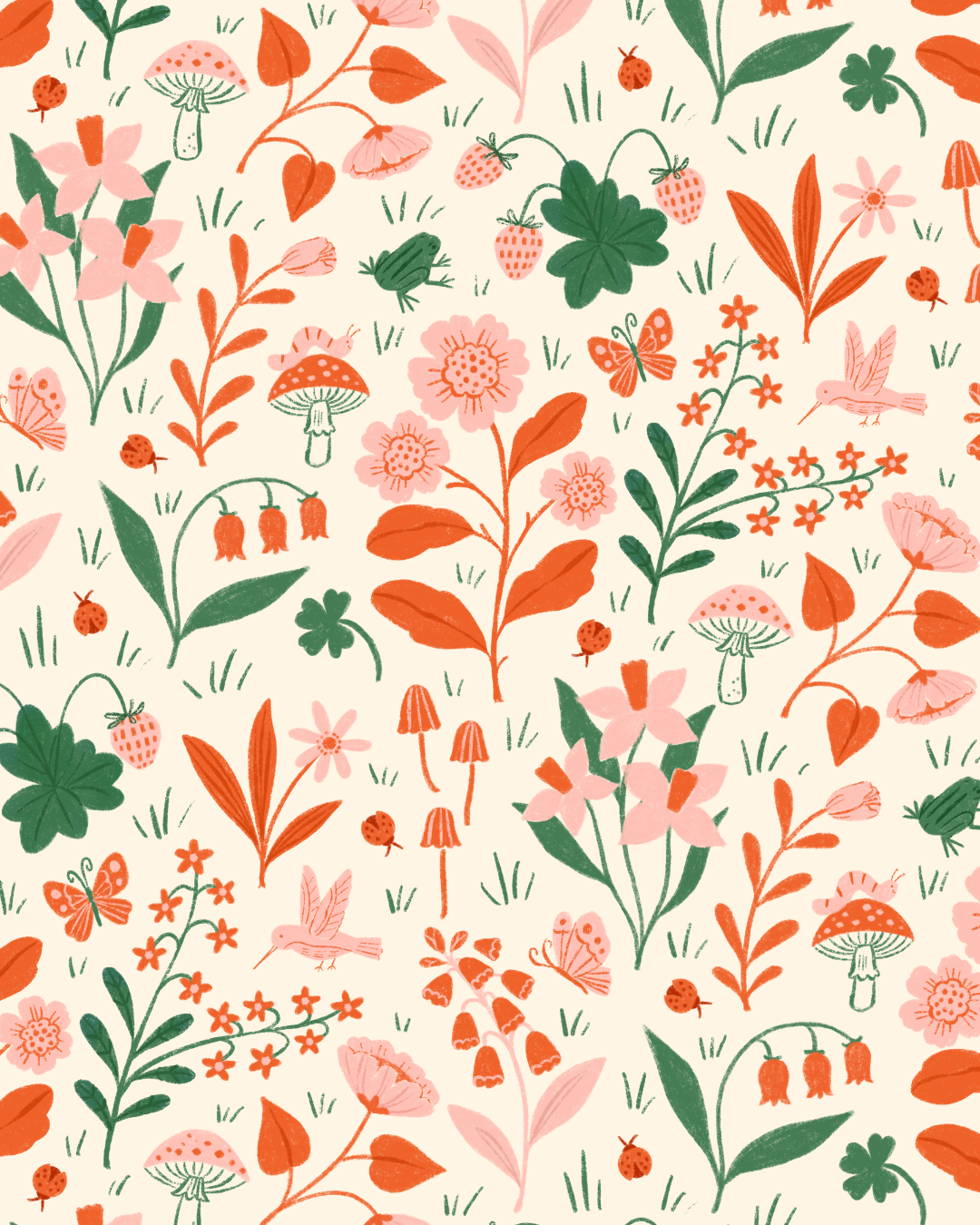 Illustrated repeating pattern of a whimsical garden with various flowers and strawberries with garden friends like butterflies, catapillars, frogs, humming birds, and ladybugs throughout. Colored in a limited palette using oranges, greens, and pinks 
