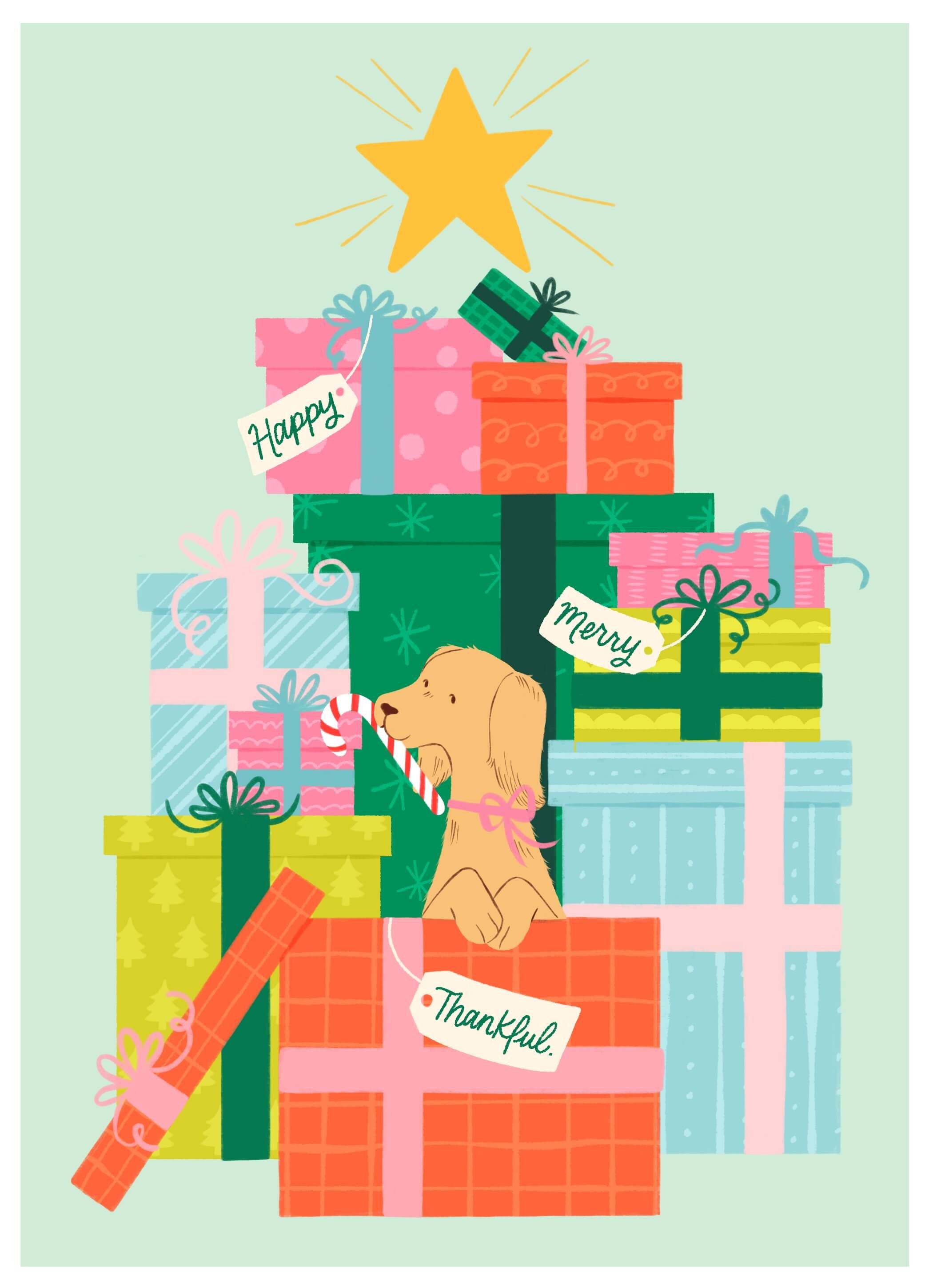Illustration of a dog sitting inside a wrapped present box, holding a candy cane and wearing a bow. Behind the dog is a stack of gifts arranged like a Christmas tree with a star on top, and gift tags that read “Happy, Merry, Thankful.”
