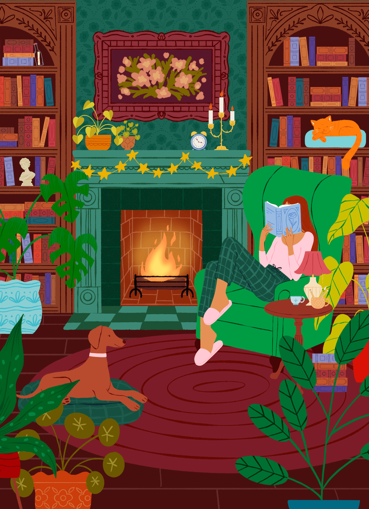 Reading nook illustration of a woman sitting in a green chair by a fireplace and bookshelves, reading. A dog sleeps in a cozy bed beside her, and a cat naps on the bookshelf behind her.