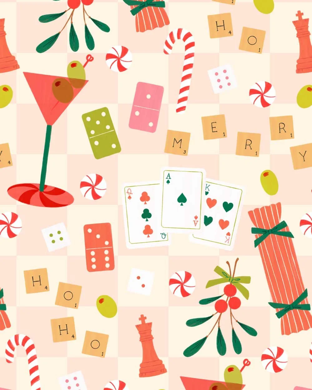 Illustrated pattern of a Christmas game tabletop with checkers, peppermints, scrabble, playing cards, mistletoe, chess pieces and candy canes set on a checkered background. Colored in reds, greens, and pinks for a pop of Christmas fun.
