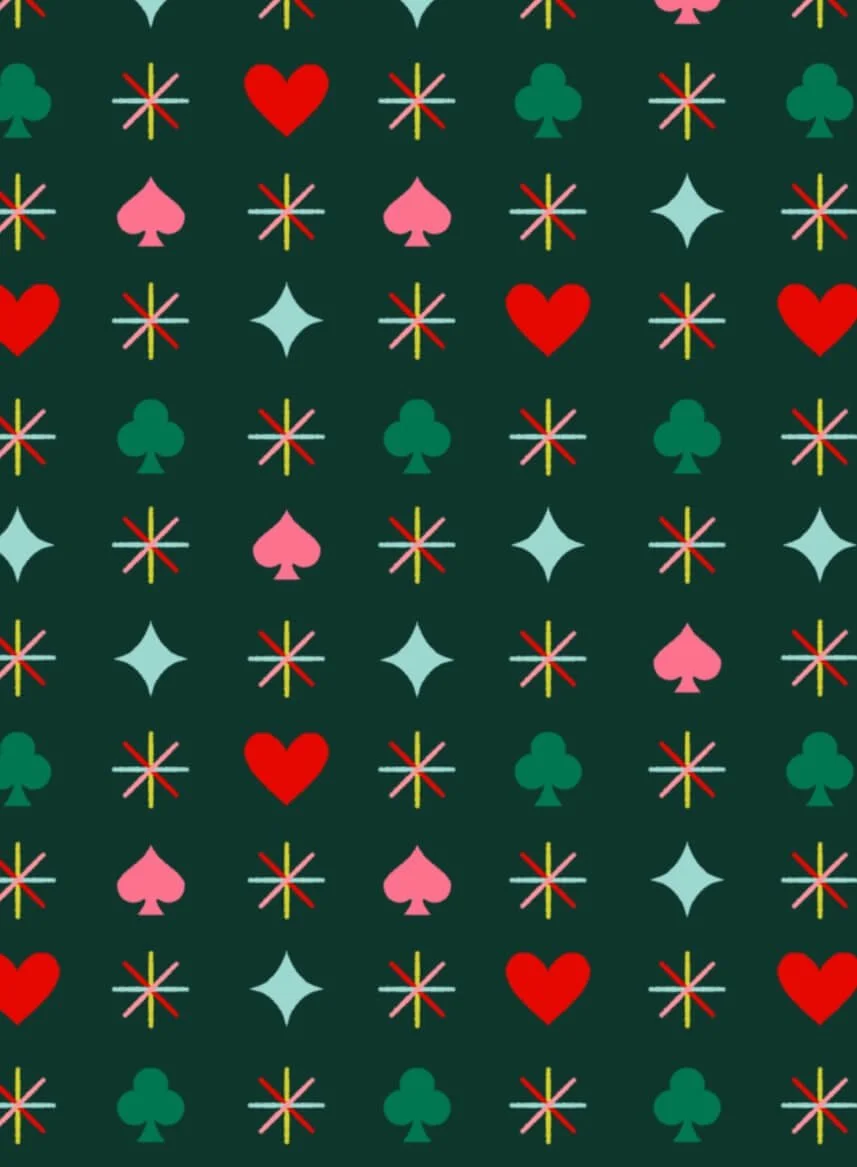 Illustration of card suits - hearts, diamonds, clubs, spades, in a repeating Christmas repeating pattern on a green background.