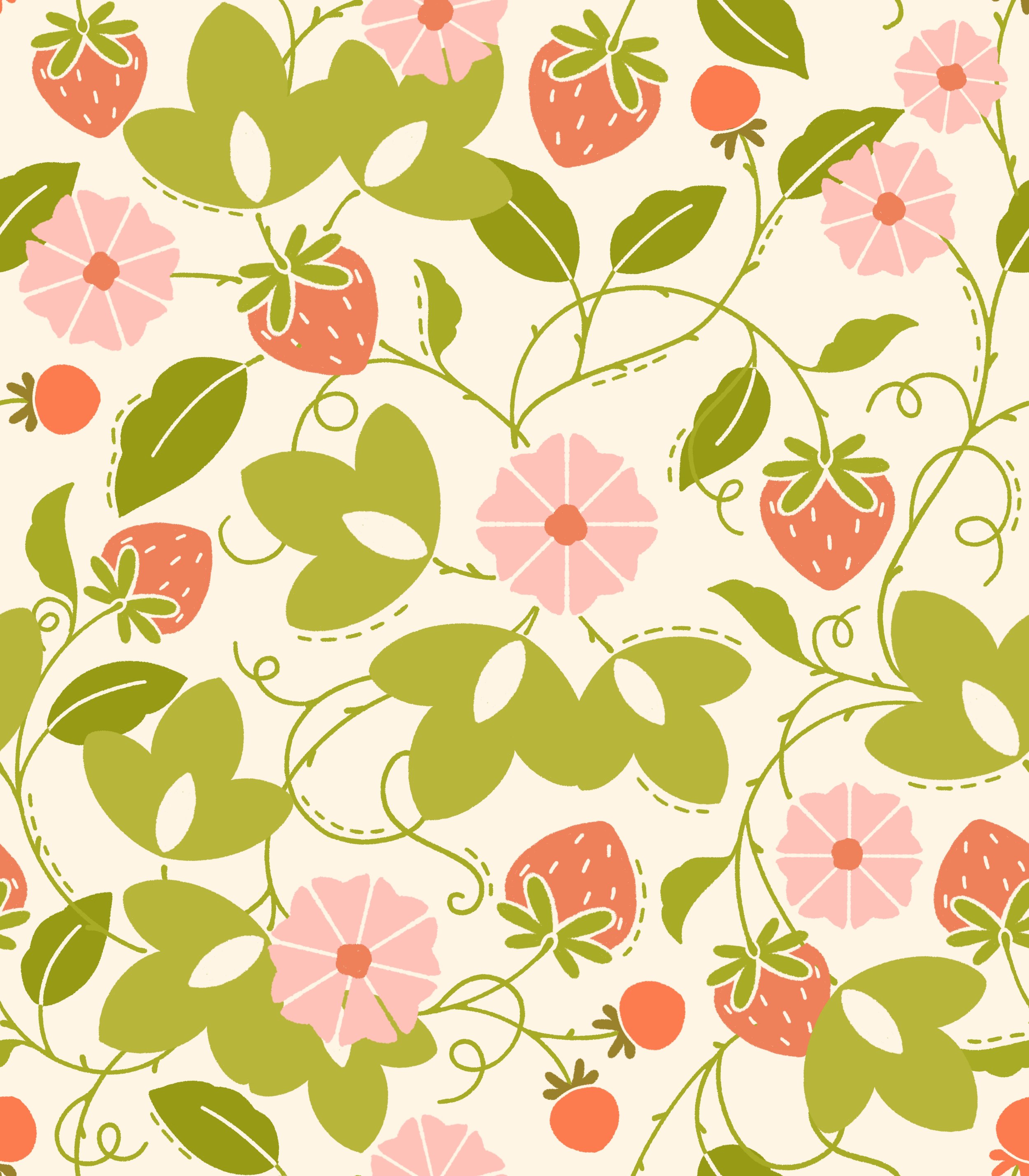 Illustrated pattern of a a trailing strawberry plant, leaves, and flowers in a bright green, pink, and red color palette set on a cream background. 