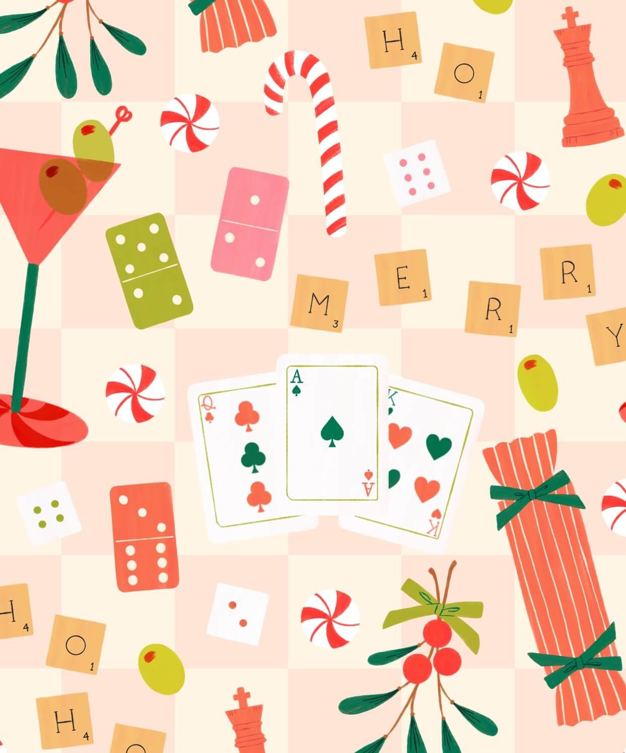 Illustration of a holiday game night table scene in a repeating pattern, featuring a martini glass with olives, dice, dominoes, candy canes, chess pieces, and Scrabble tiles on a checkerboard background.