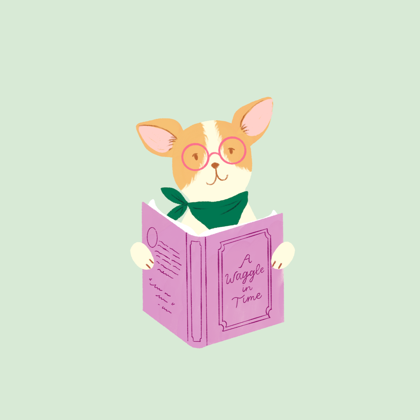 Illustration of a cute dog wearing glasses and a green scarf, holding and reading a purple book titled 'A Waggle in Time'.