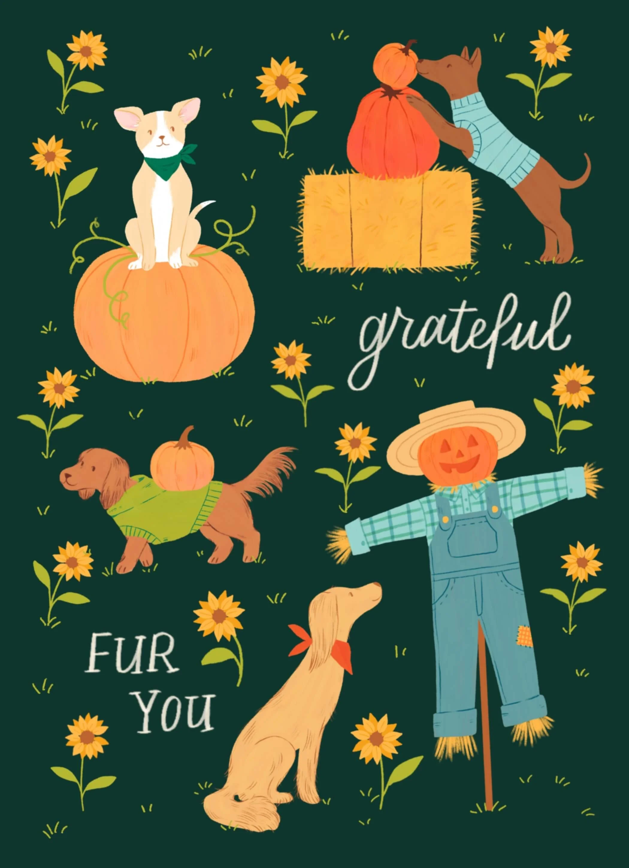 Illustration of Fall dogs in sweaters, scarves, and bandanas at a pumpkin patch with cute scarecrow, wagon, banner, and fence in a repeating pattern on a dark green background.