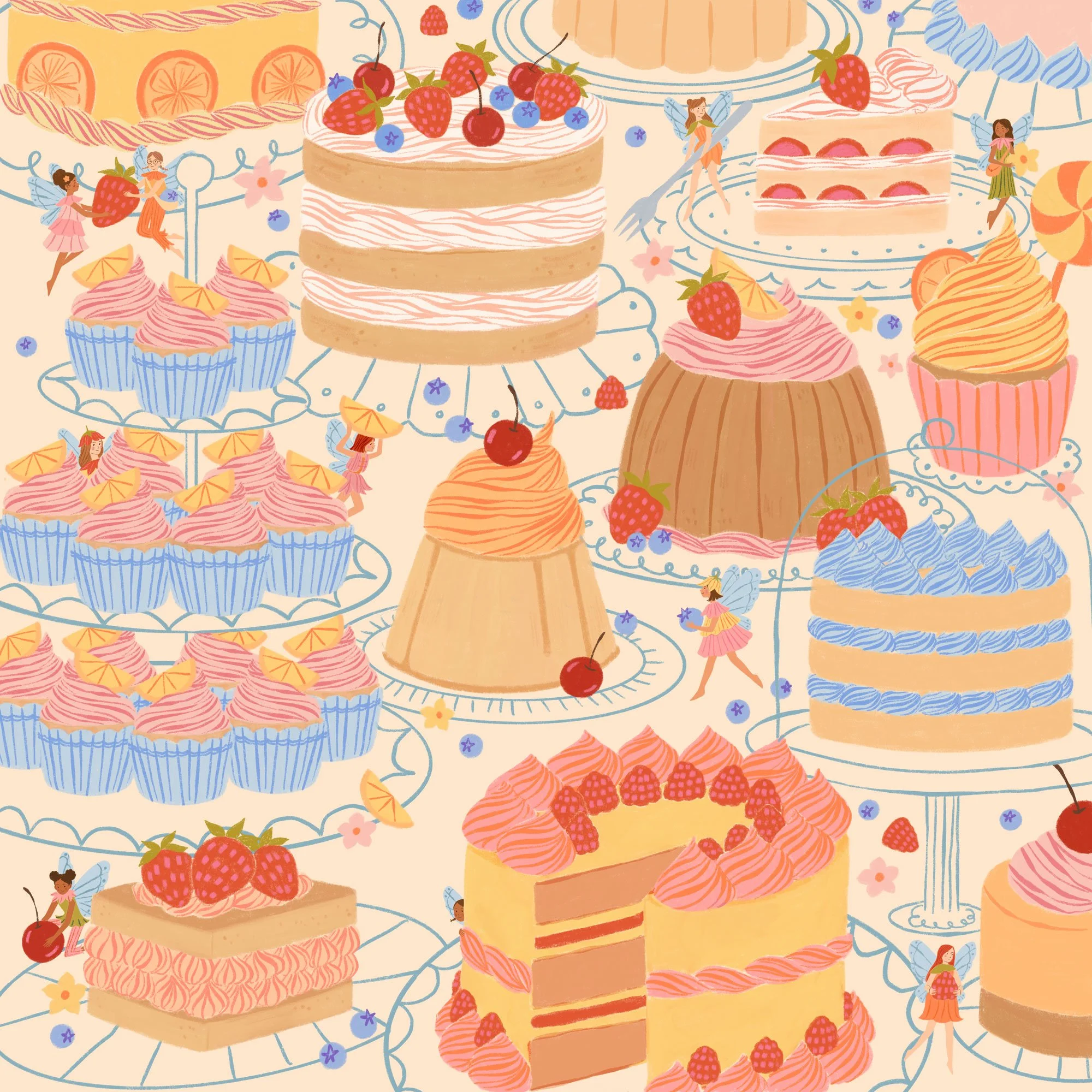 Illustrated dessert table featuring various cakes, cupcakes, and treats with frosting and berries, and little fairies throughout decorating. Illustrated for puzzles.